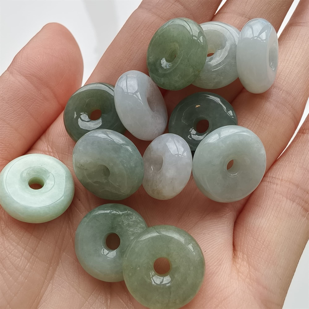 DDP 12pcs 13-15mm Natural Type A Green White Burmese Jadeite Safety Buckle Beads