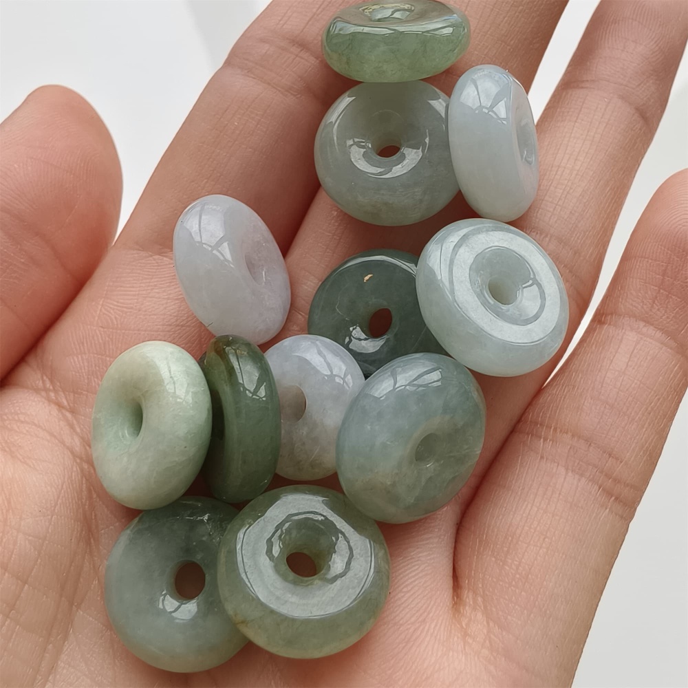 DDP 12pcs 13-15mm Natural Type A Green White Burmese Jadeite Safety Buckle Beads