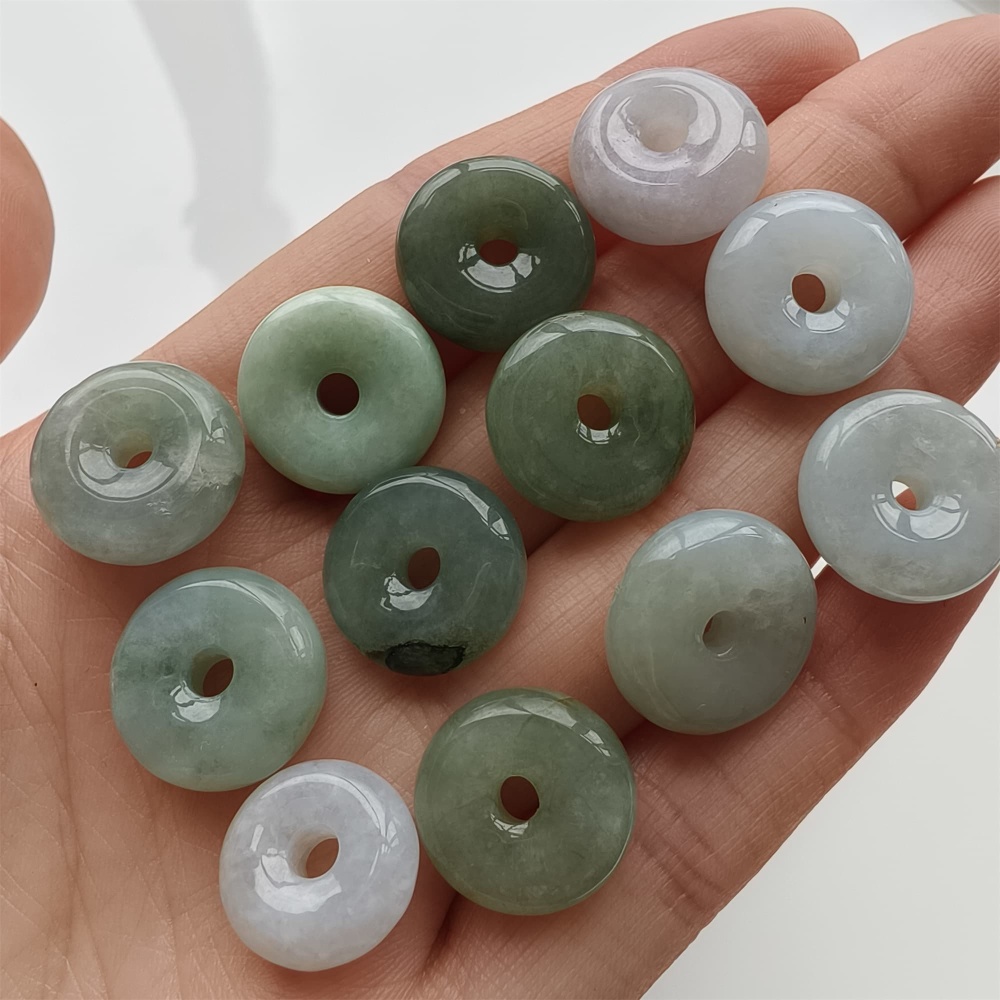 DDP 12pcs 13-15mm Natural Type A Green White Burmese Jadeite Safety Buckle Beads