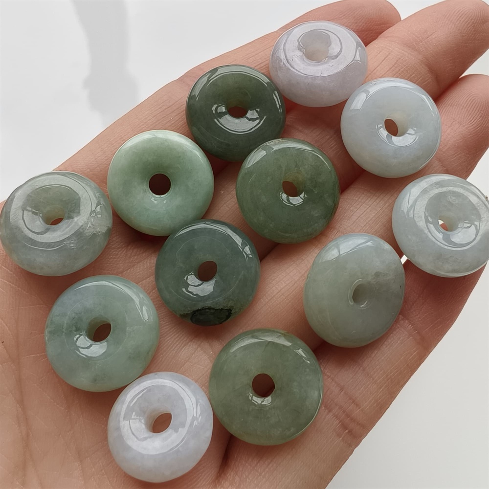 DDP 12pcs 13-15mm Natural Type A Green White Burmese Jadeite Safety Buckle Beads