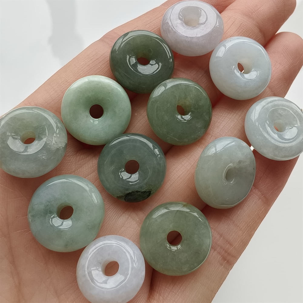 DDP 12pcs 13-15mm Natural Type A Green White Burmese Jadeite Safety Buckle Beads
