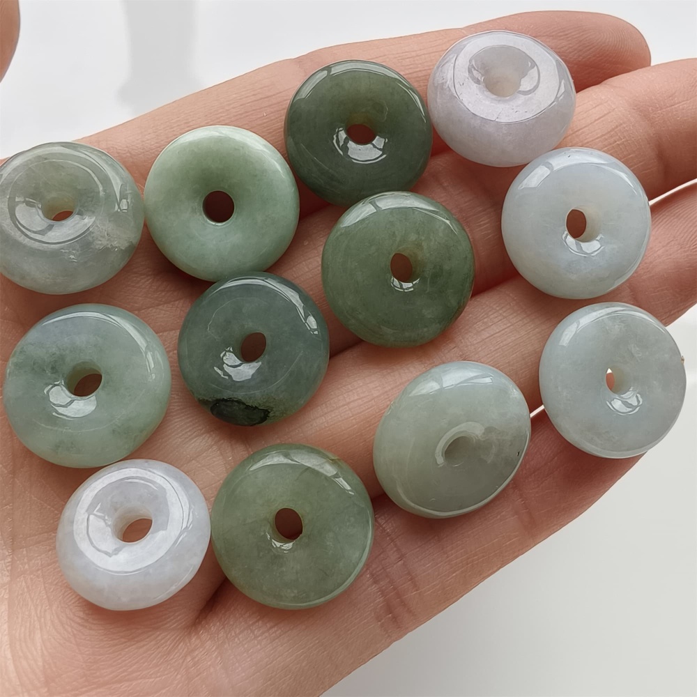 DDP 12pcs 13-15mm Natural Type A Green White Burmese Jadeite Safety Buckle Beads