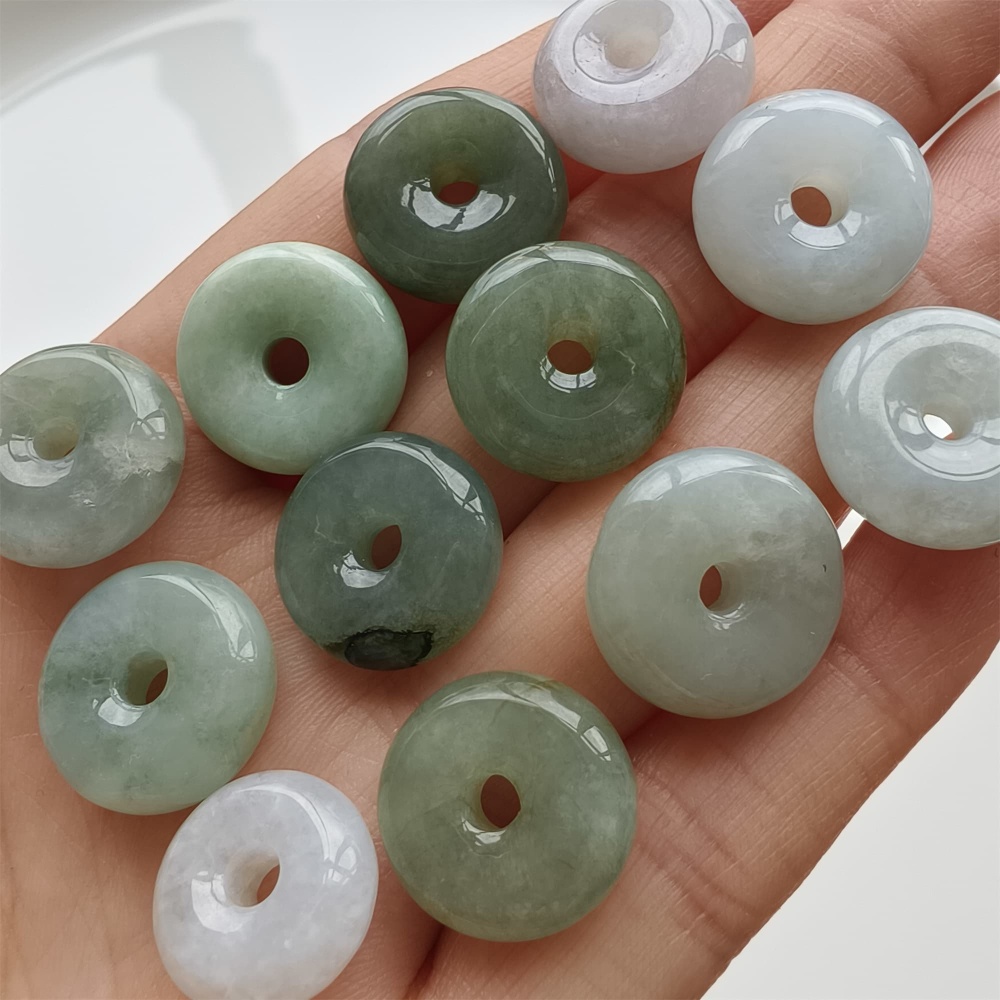 DDP 12pcs 13-15mm Natural Type A Green White Burmese Jadeite Safety Buckle Beads