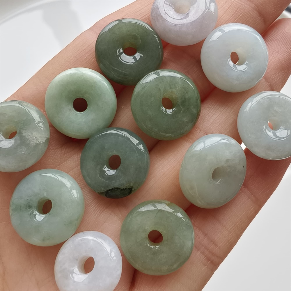 DDP 12pcs 13-15mm Natural Type A Green White Burmese Jadeite Safety Buckle Beads