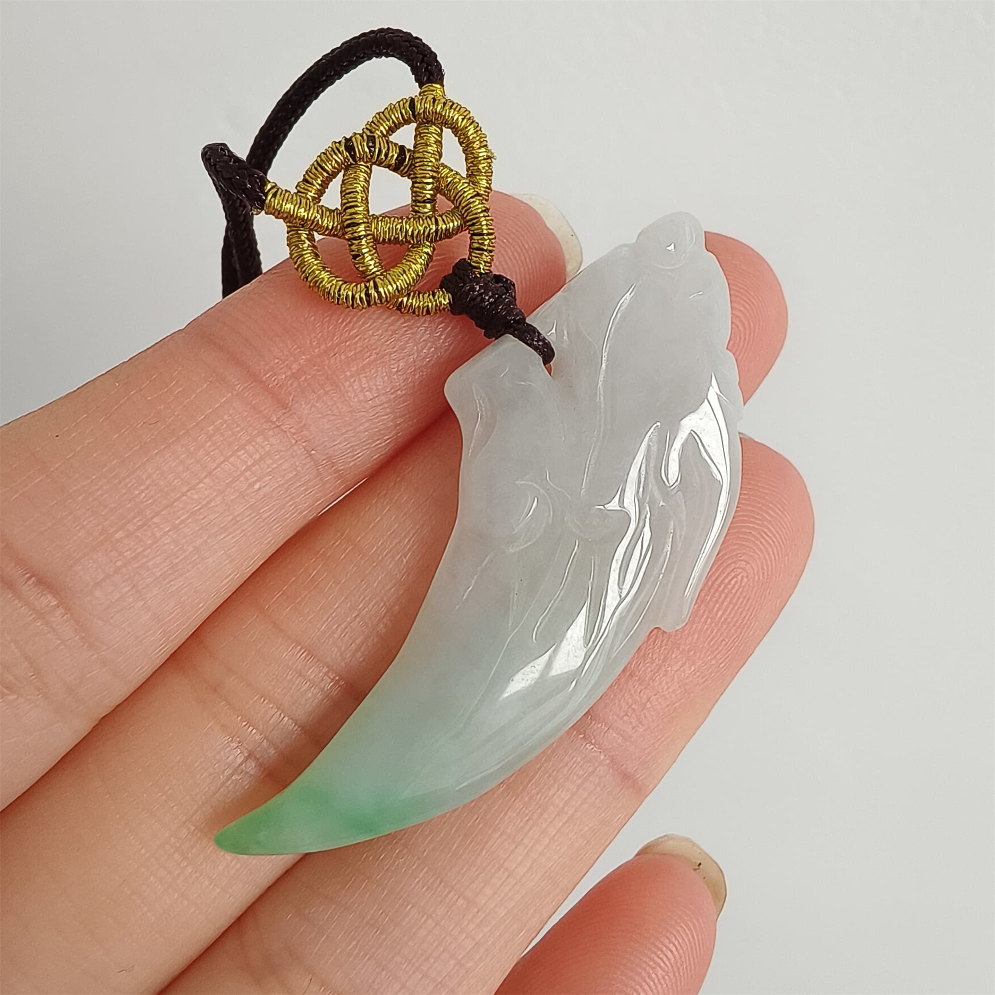 DDP 45mm Natural Certificated Type A Icy Green White Burmese Jadeite Dragon Tooth Pendant