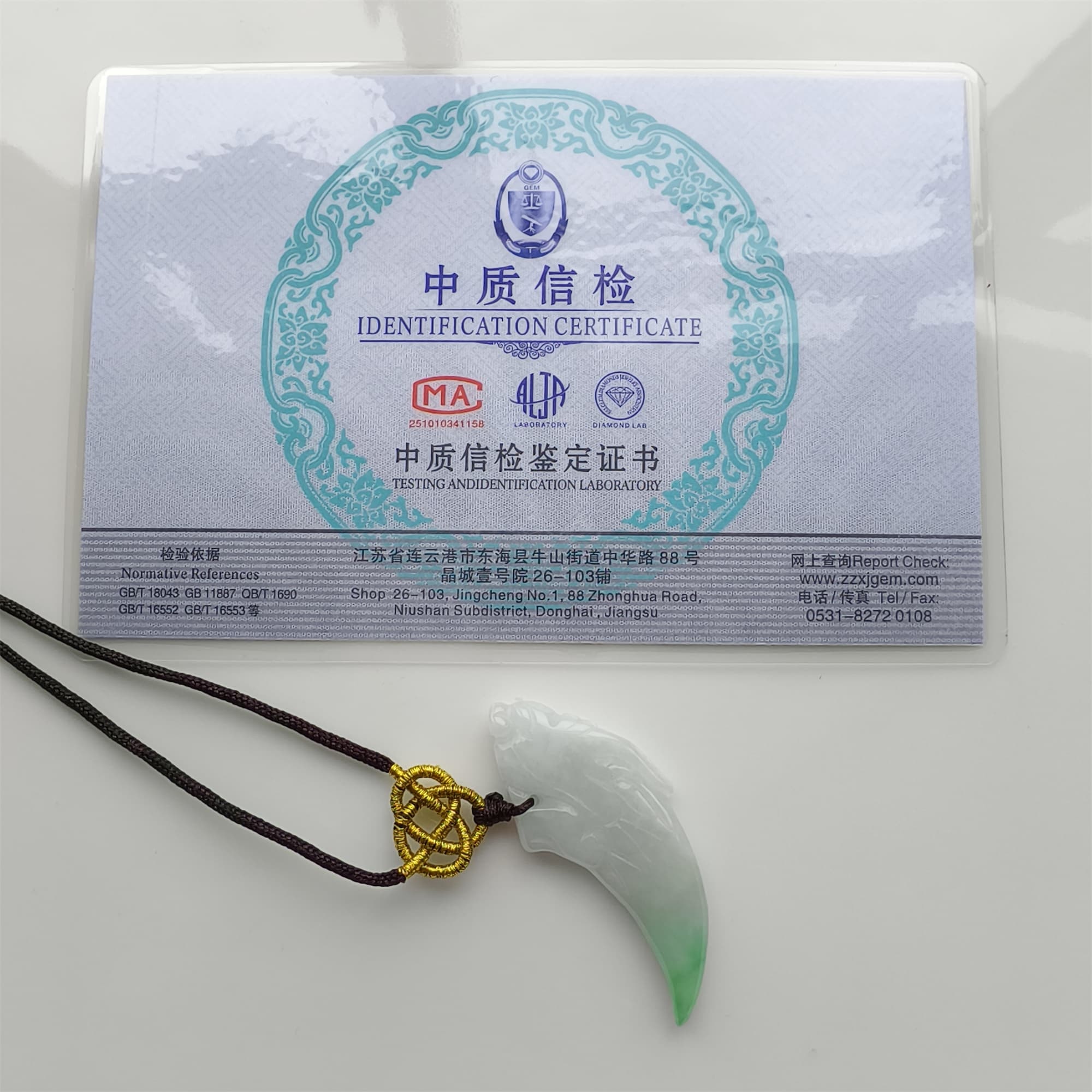 DDP 45mm Natural Certificated Type A Icy Green White Burmese Jadeite Dragon Tooth Pendant