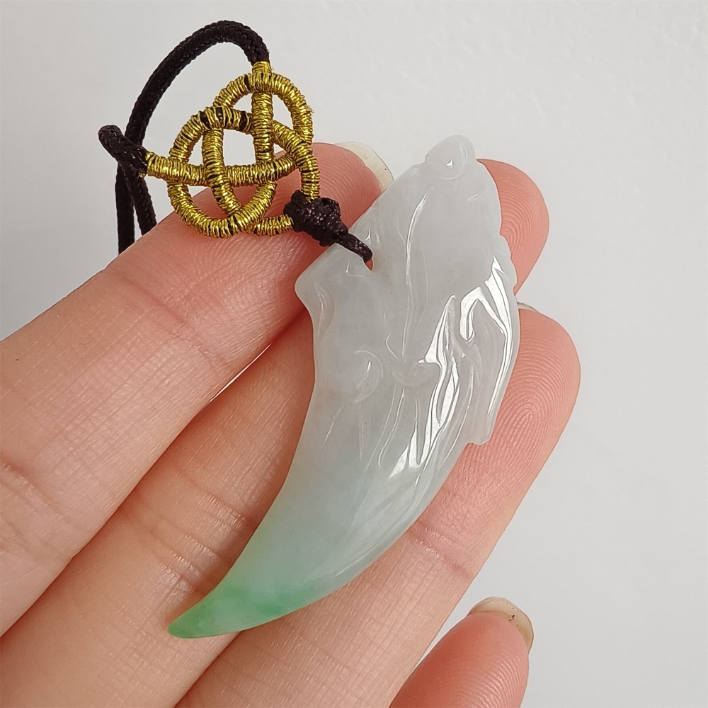 DDP 45mm Natural Certificated Type A Icy Green White Burmese Jadeite Dragon Tooth Pendant