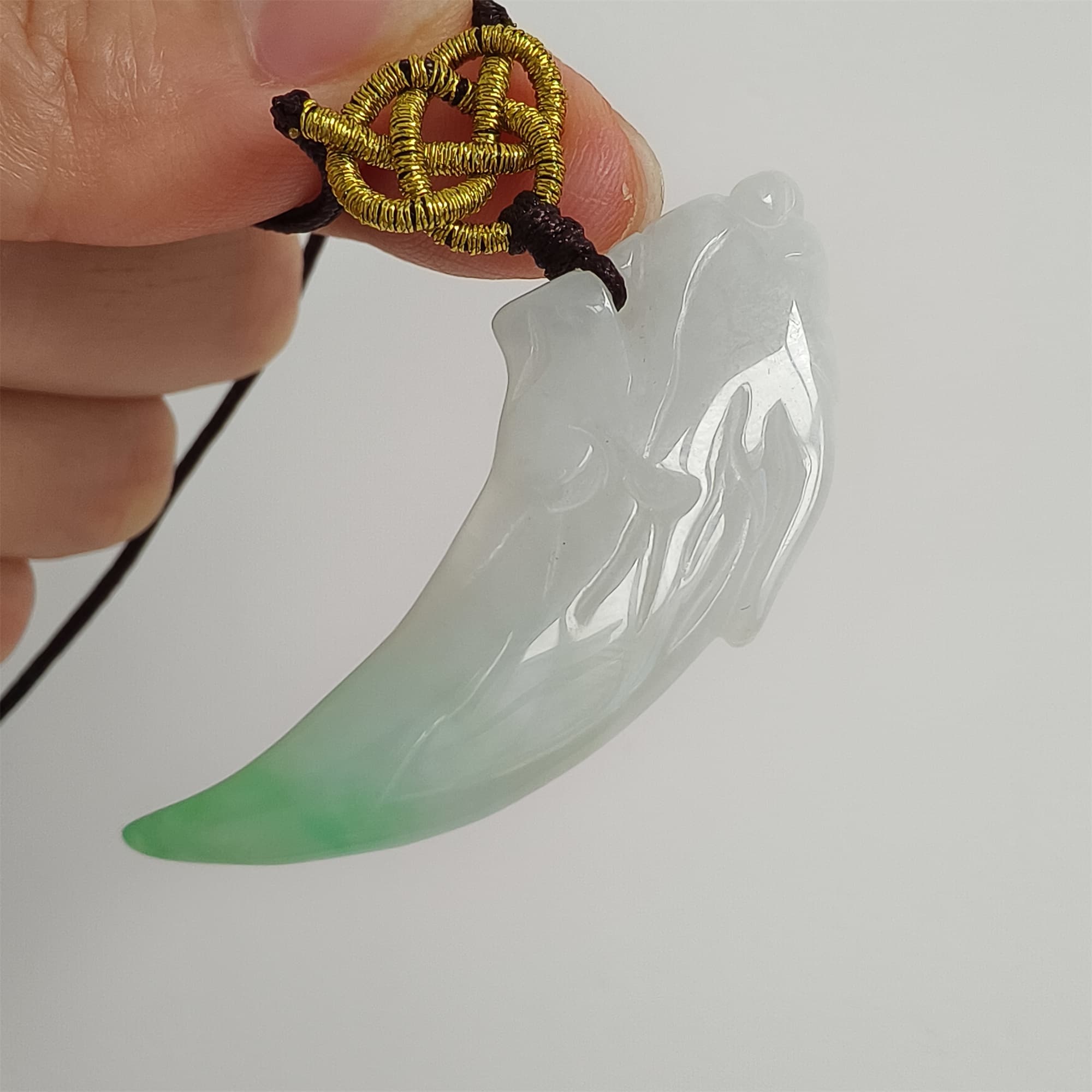 DDP 45mm Natural Certificated Type A Icy Green White Burmese Jadeite Dragon Tooth Pendant