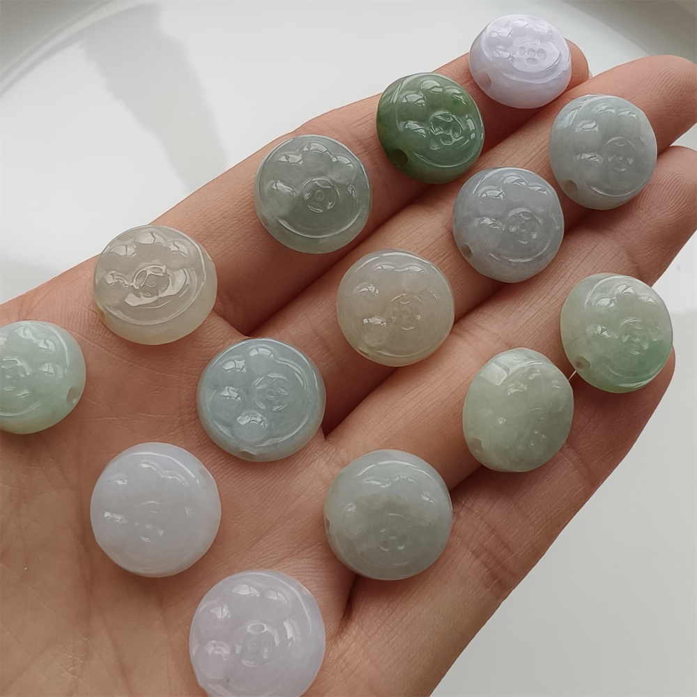 DDP 5pcs 12-14mm Natural Certificated Type A Icy Green White Burmese Jadeite Round Beads With Cat Paw Carved
