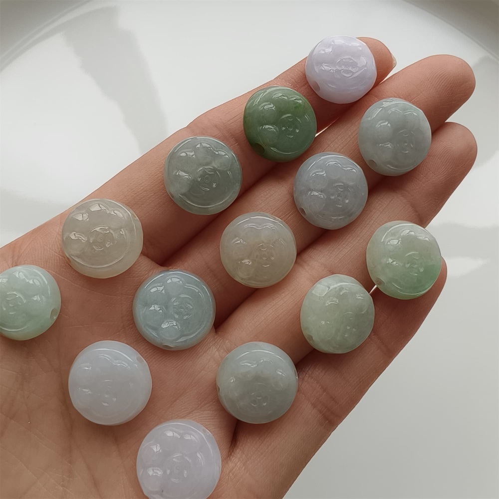 DDP 5pcs 12-14mm Natural Certificated Type A Icy Green White Burmese Jadeite Round Beads With Cat Paw Carved