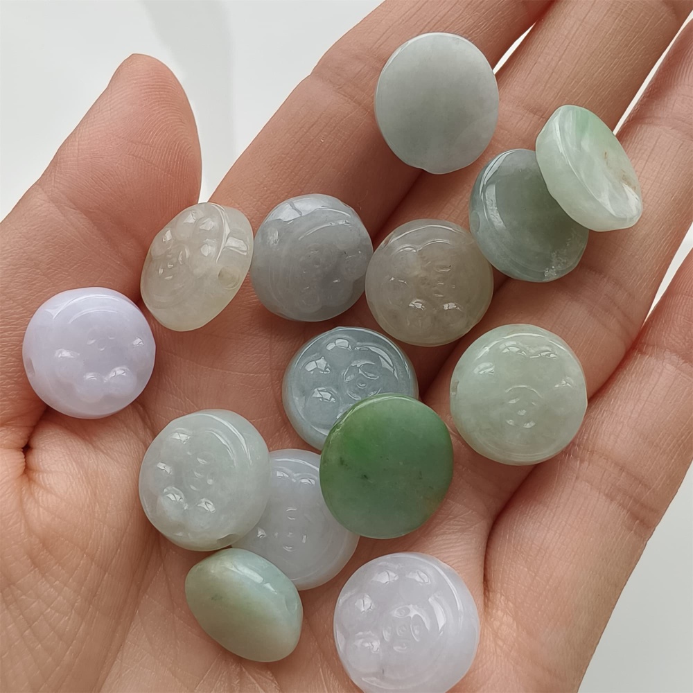DDP 5pcs 12-14mm Natural Certificated Type A Icy Green White Burmese Jadeite Round Beads With Cat Paw Carved