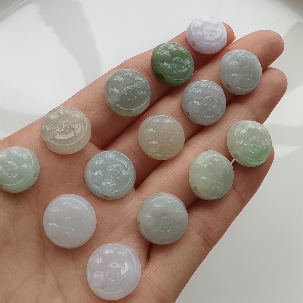DDP 5pcs 12-14mm Natural Certificated Type A Icy Green White Burmese Jadeite Round Beads With Cat Paw Carved