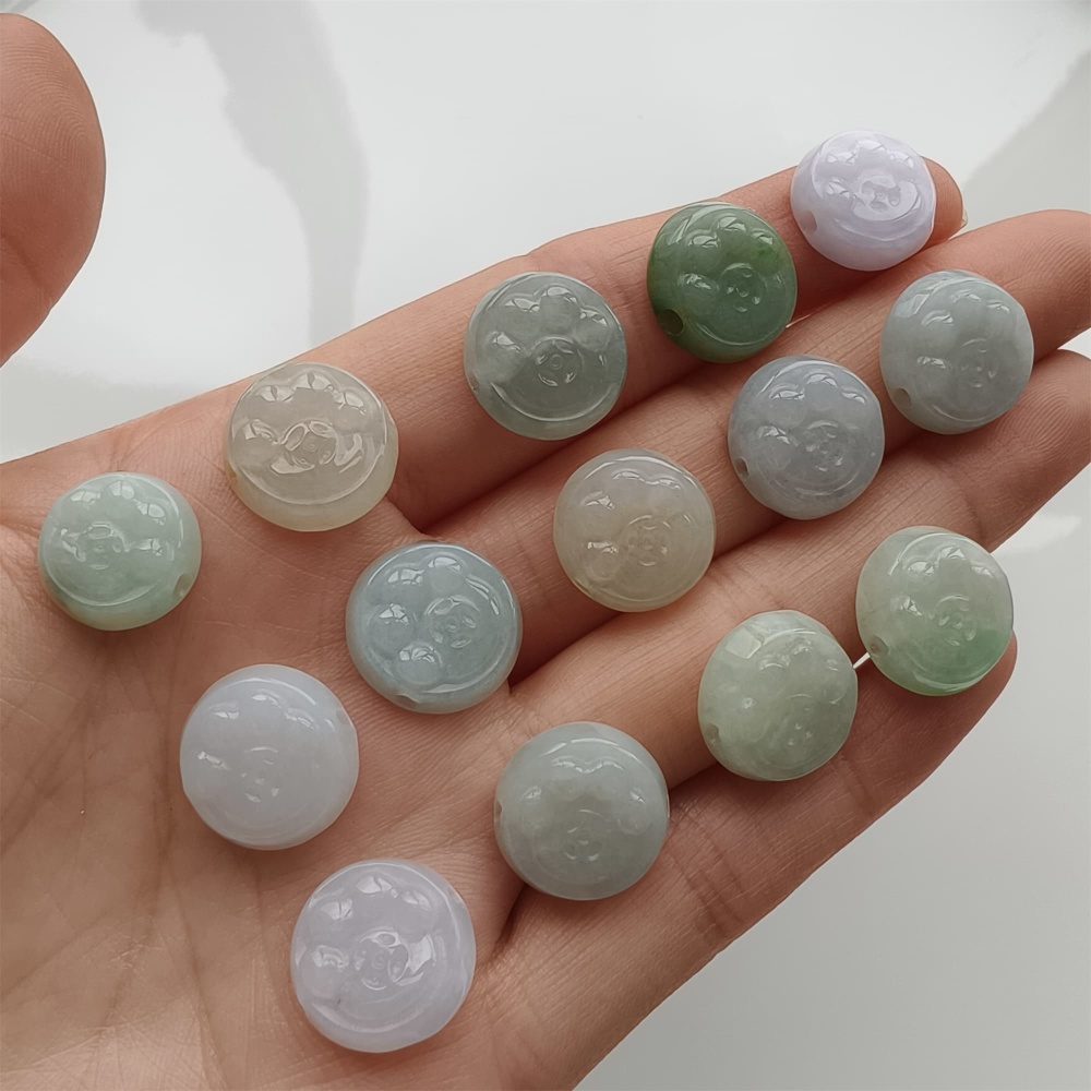 DDP 5pcs 12-14mm Natural Certificated Type A Icy Green White Burmese Jadeite Round Beads With Cat Paw Carved