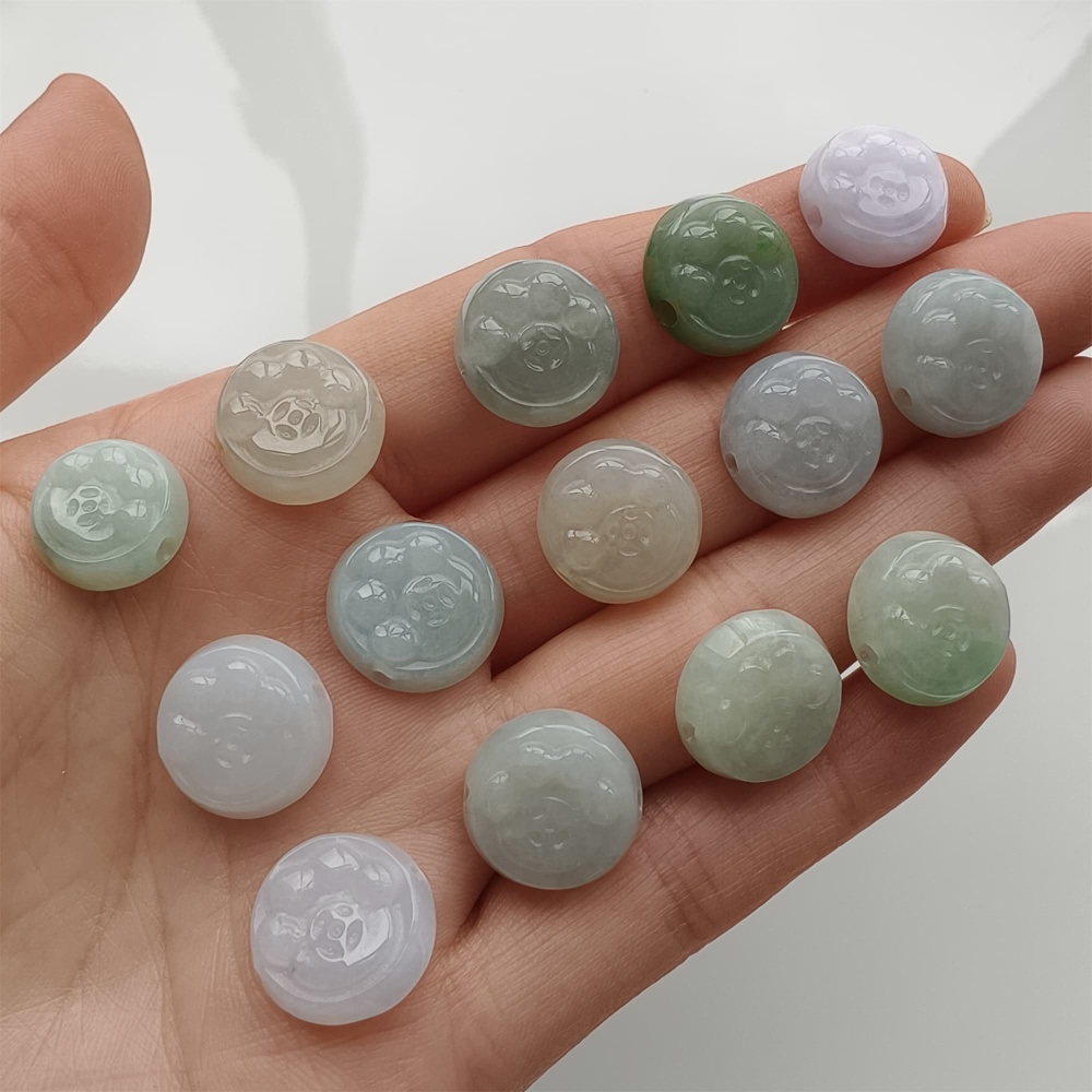 DDP 5pcs 12-14mm Natural Certificated Type A Icy Green White Burmese Jadeite Round Beads With Cat Paw Carved