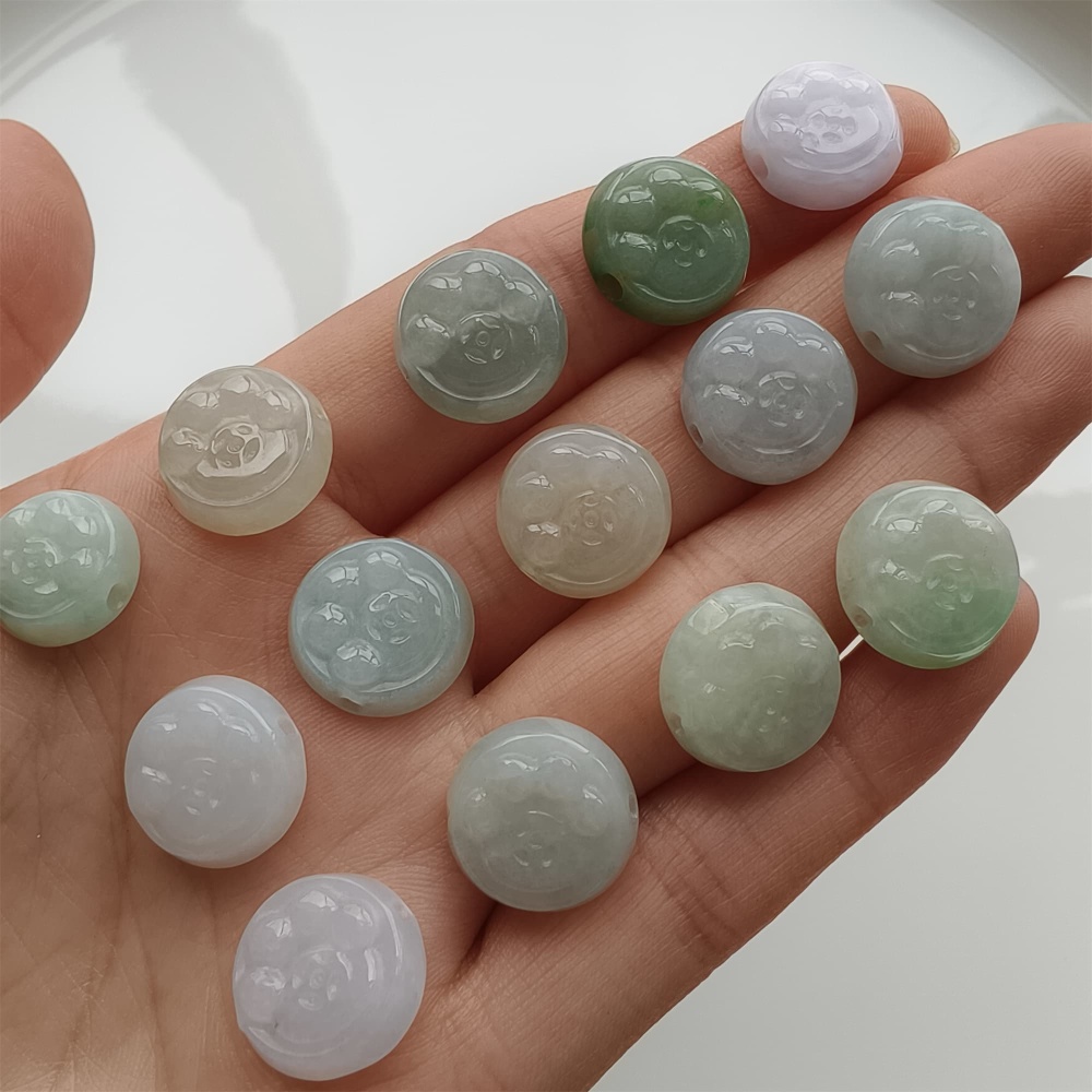 DDP 5pcs 12-14mm Natural Certificated Type A Icy Green White Burmese Jadeite Round Beads With Cat Paw Carved