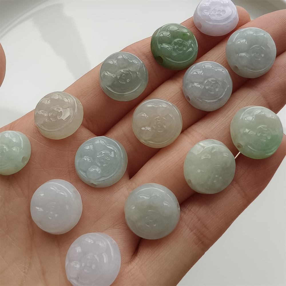 DDP 5pcs 12-14mm Natural Certificated Type A Icy Green White Burmese Jadeite Round Beads With Cat Paw Carved