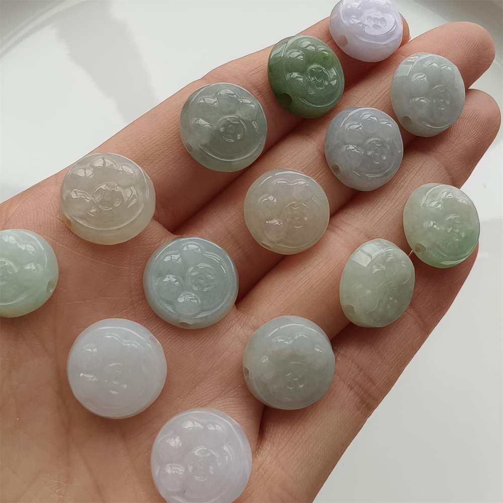 DDP 5pcs 12-14mm Natural Certificated Type A Icy Green White Burmese Jadeite Round Beads With Cat Paw Carved