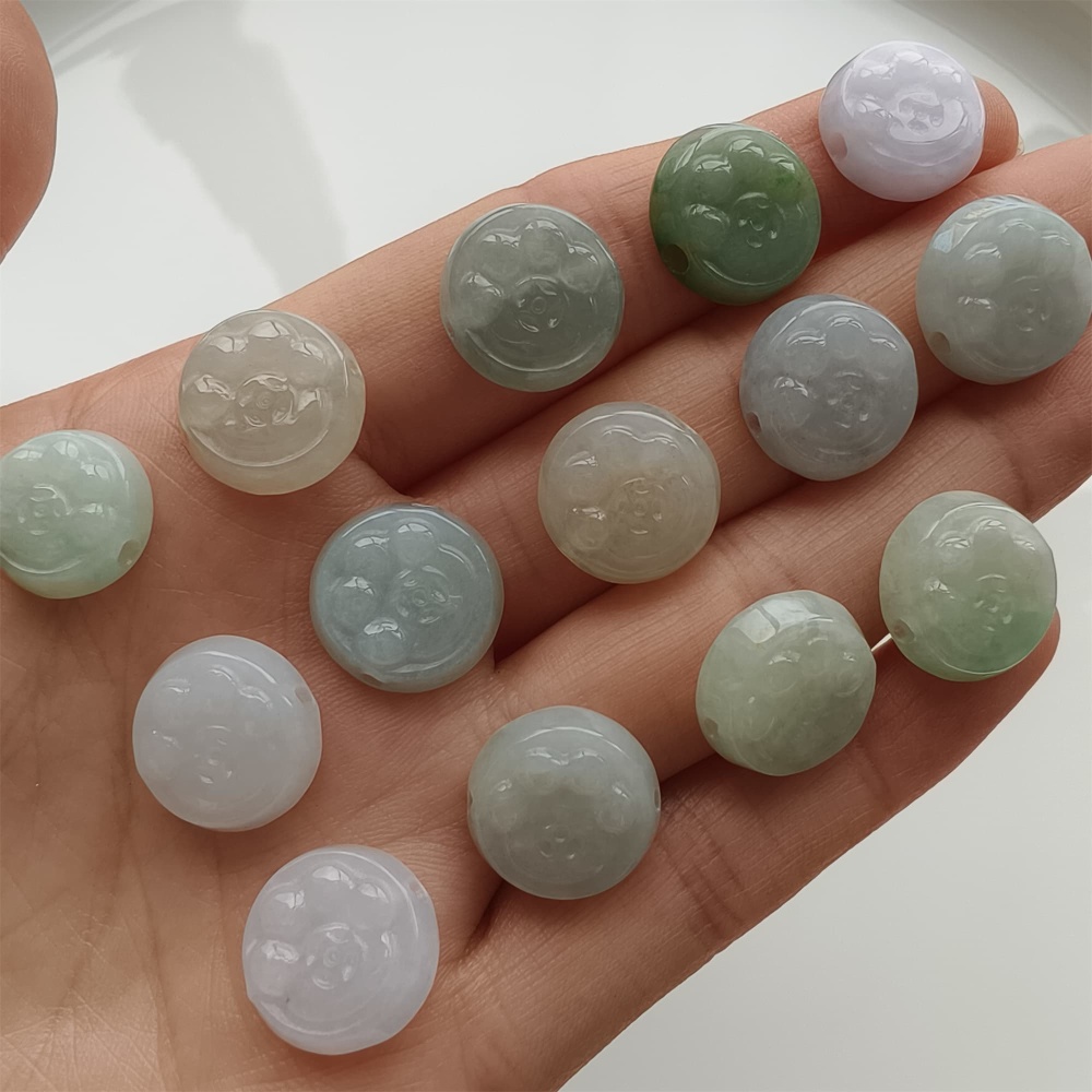 DDP 5pcs 12-14mm Natural Certificated Type A Icy Green White Burmese Jadeite Round Beads With Cat Paw Carved