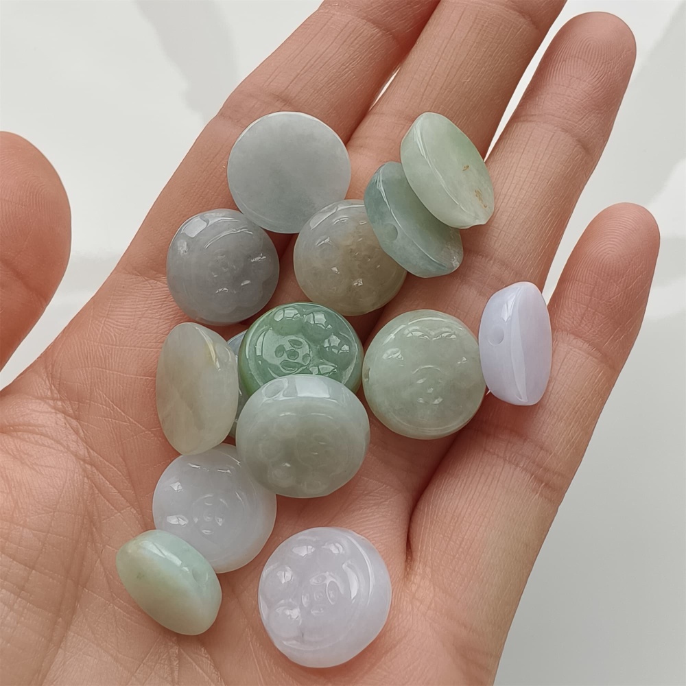 DDP 5pcs 12-14mm Natural Certificated Type A Icy Green White Burmese Jadeite Round Beads With Cat Paw Carved