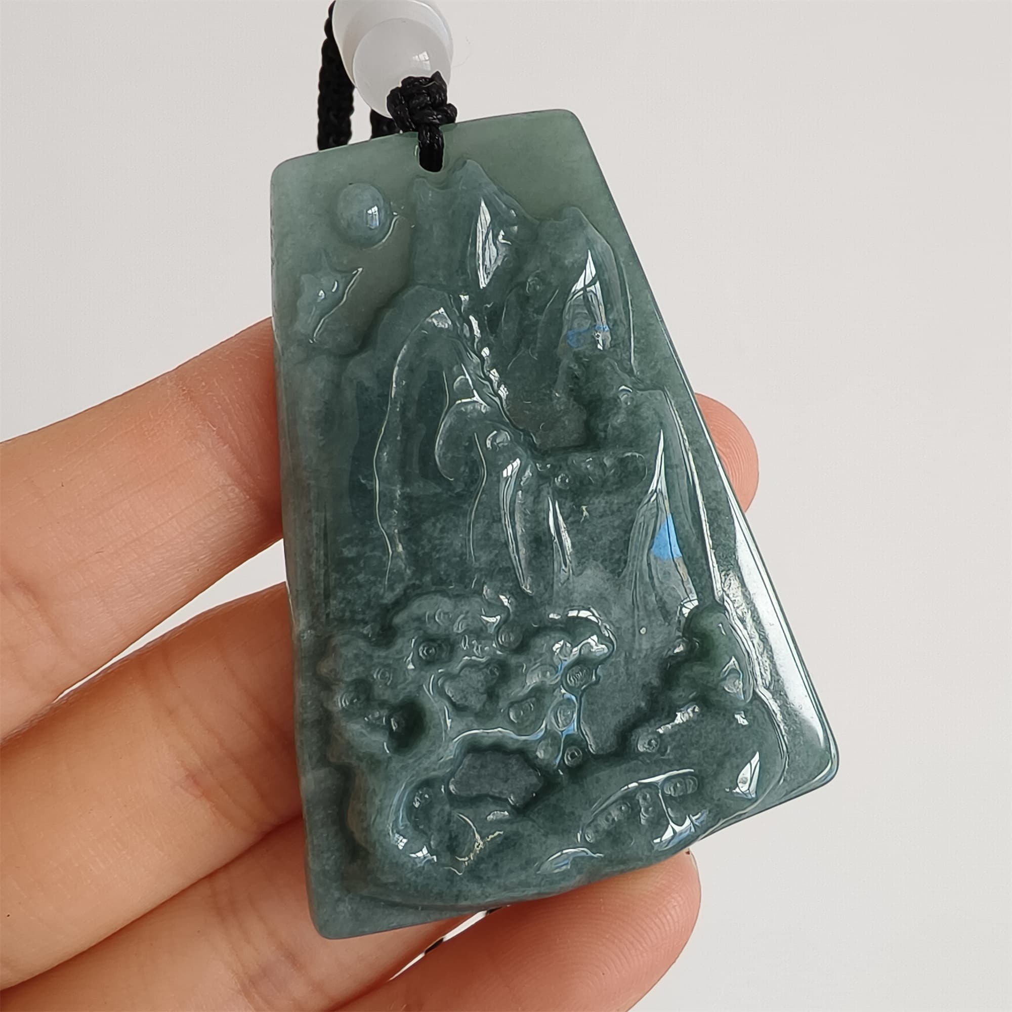 DDP 52mm Natural Certificated Type A Blue Guatemalan Jadeite Trapezoid Pendant With Landscape Carved