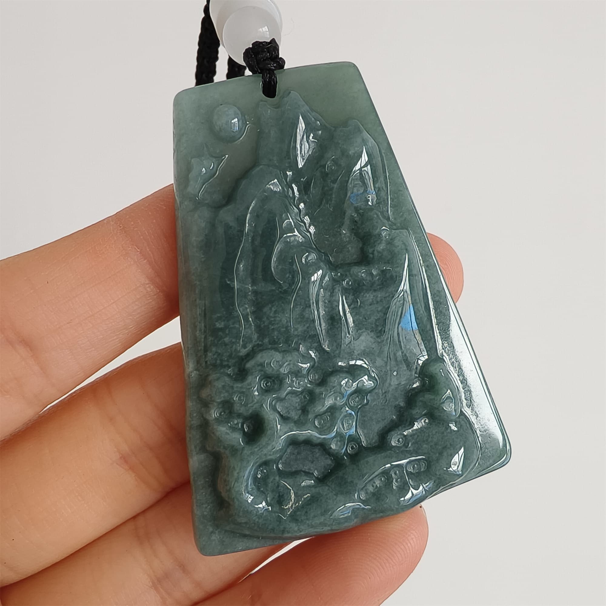 DDP 52mm Natural Certificated Type A Blue Guatemalan Jadeite Trapezoid Pendant With Landscape Carved