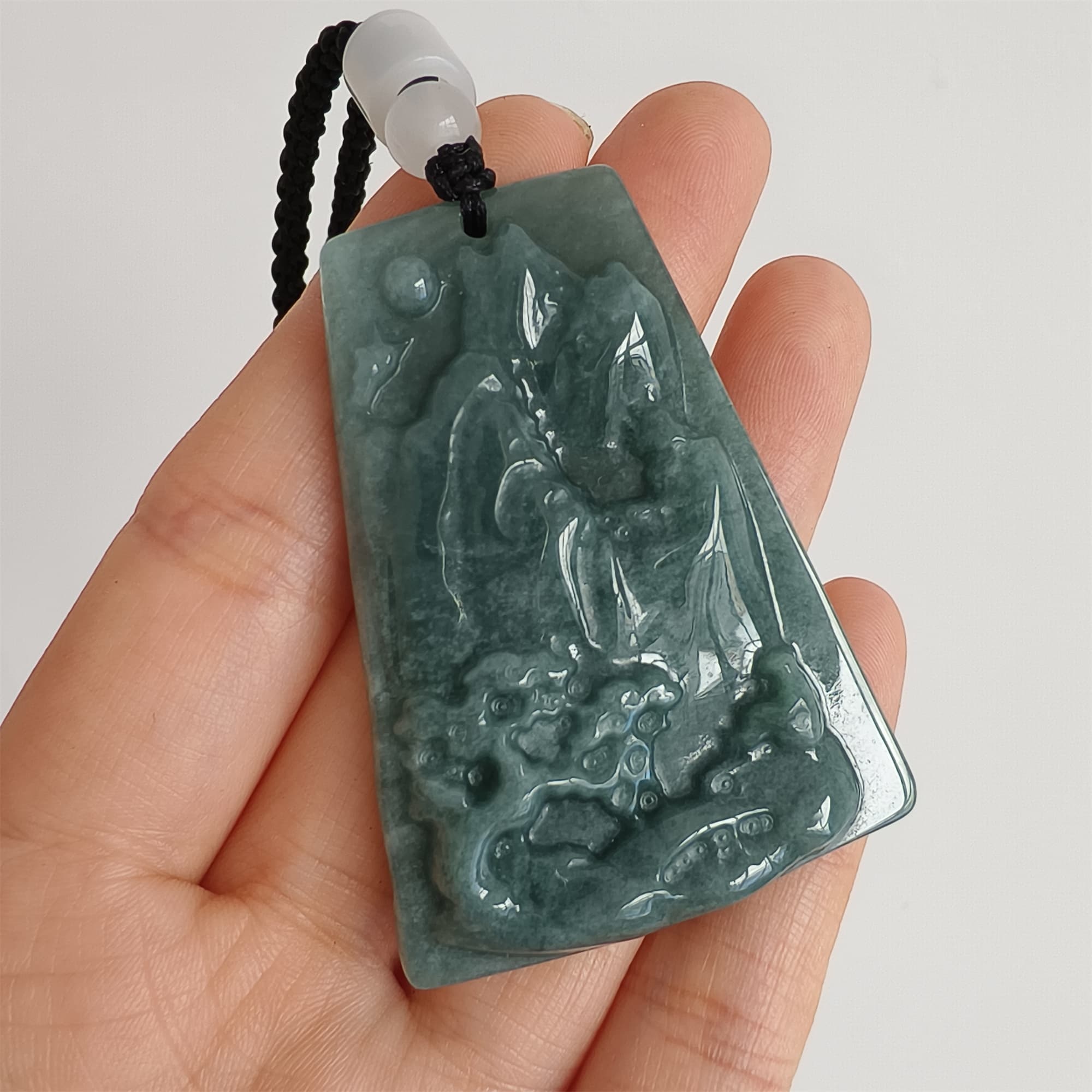 DDP 52mm Natural Certificated Type A Blue Guatemalan Jadeite Trapezoid Pendant With Landscape Carved