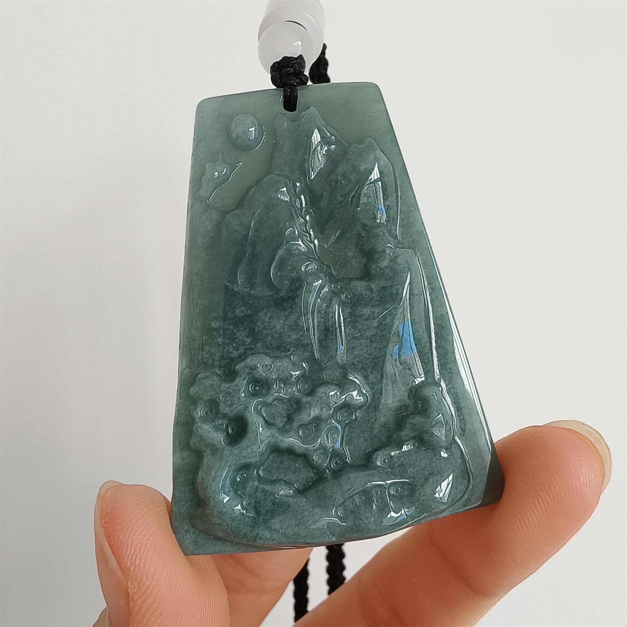 DDP 52mm Natural Certificated Type A Blue Guatemalan Jadeite Trapezoid Pendant With Landscape Carved