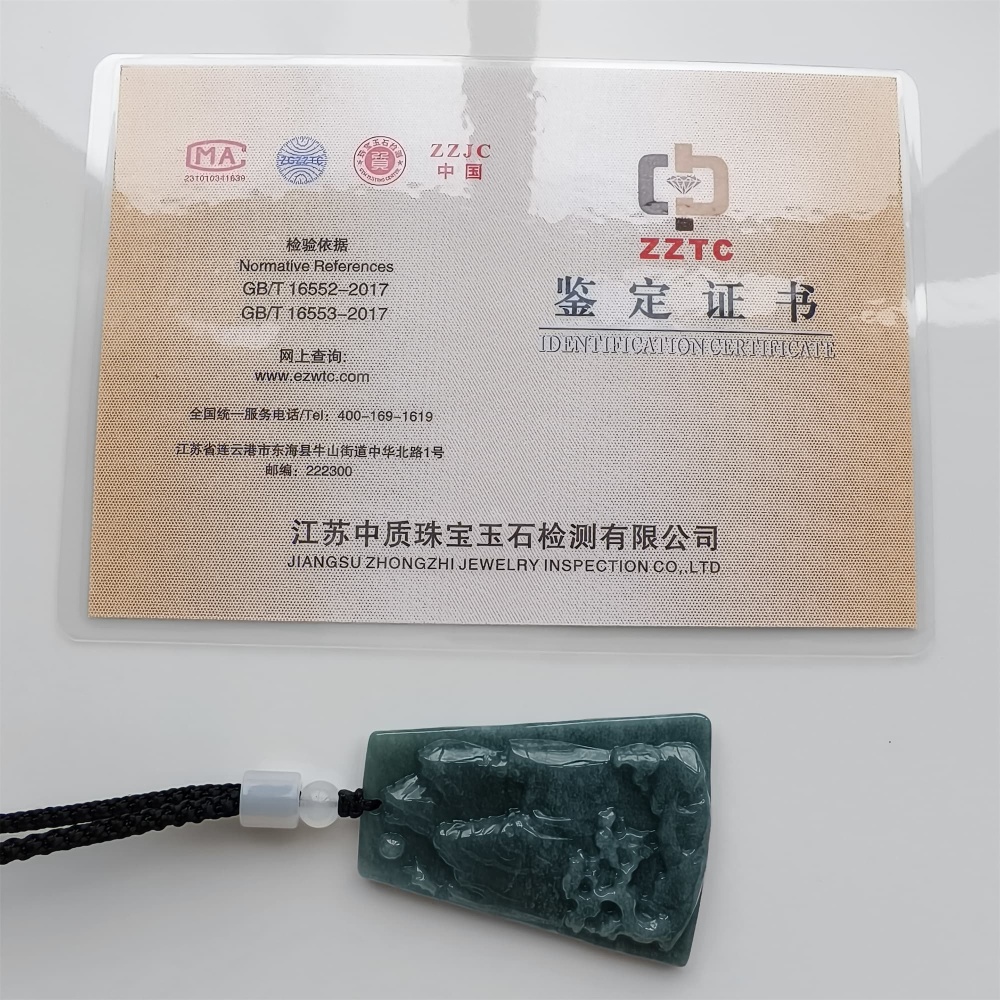 DDP 52mm Natural Certificated Type A Blue Guatemalan Jadeite Trapezoid Pendant With Landscape Carved
