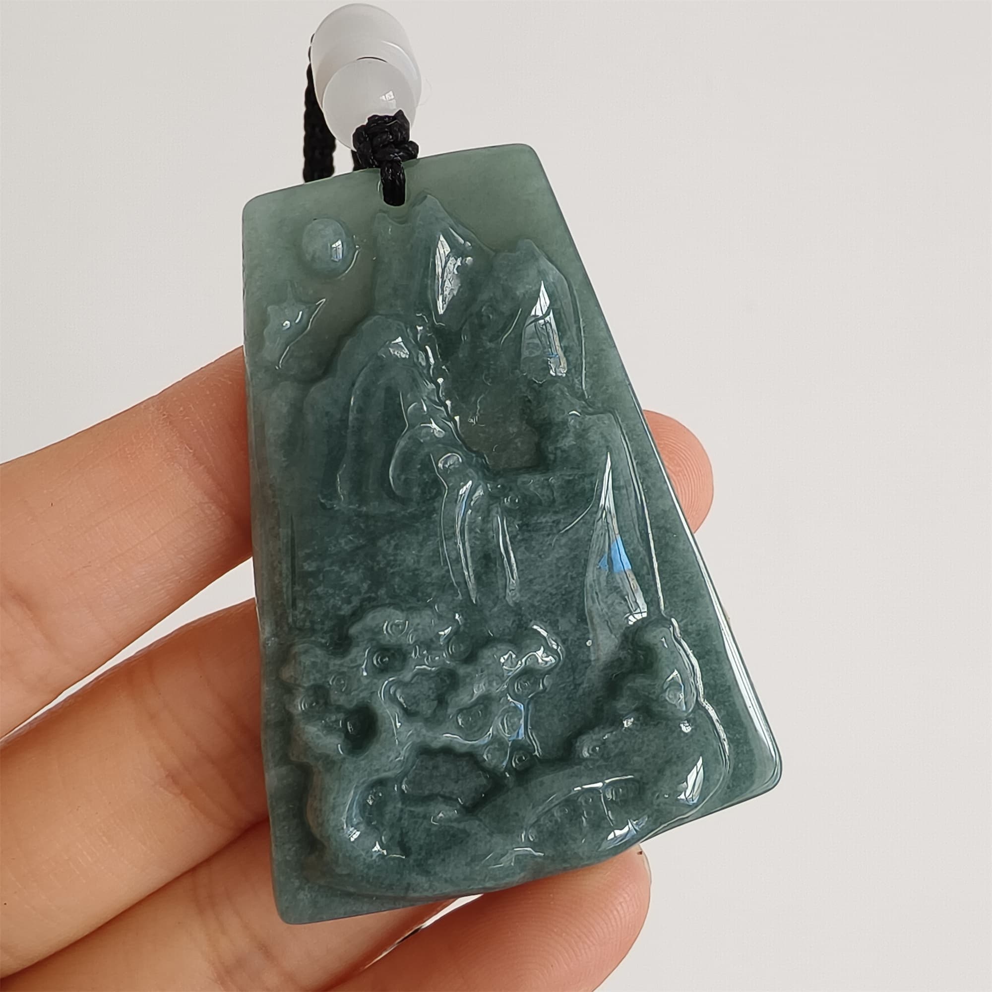 DDP 52mm Natural Certificated Type A Blue Guatemalan Jadeite Trapezoid Pendant With Landscape Carved