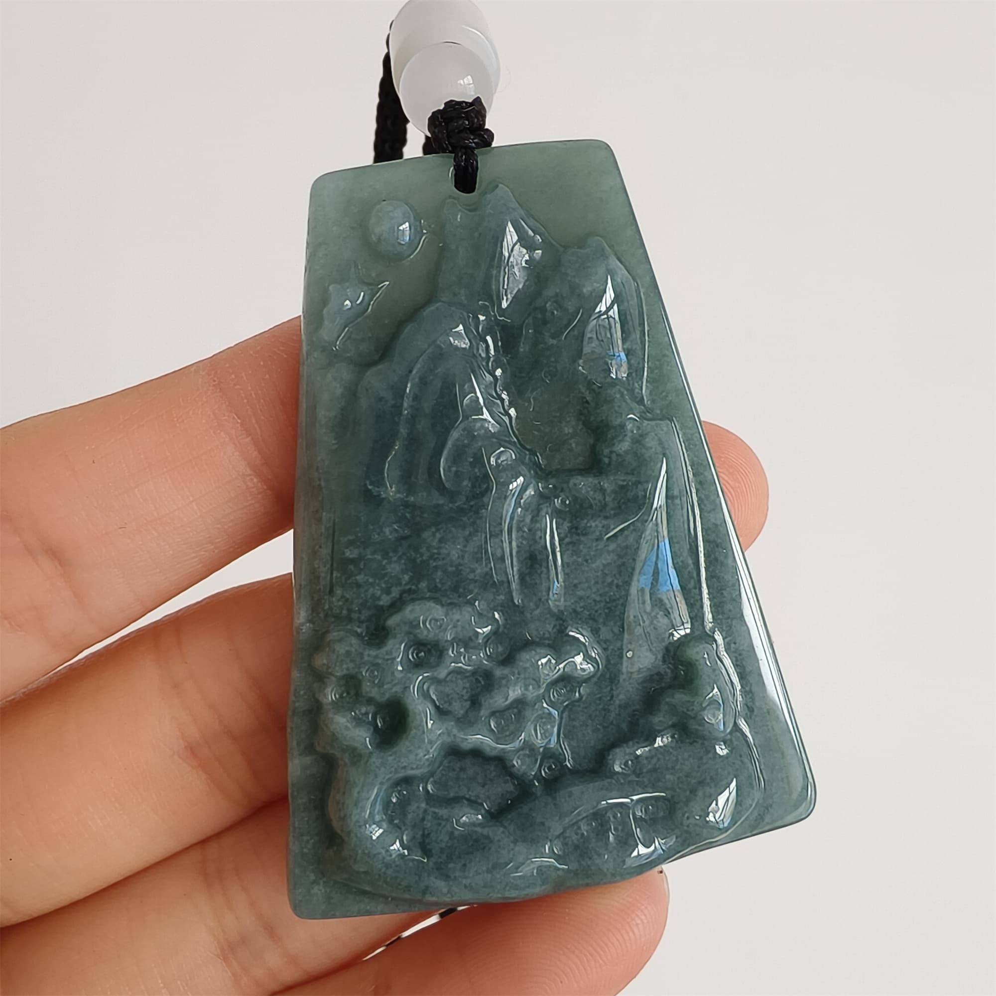 DDP 52mm Natural Certificated Type A Blue Guatemalan Jadeite Trapezoid Pendant With Landscape Carved