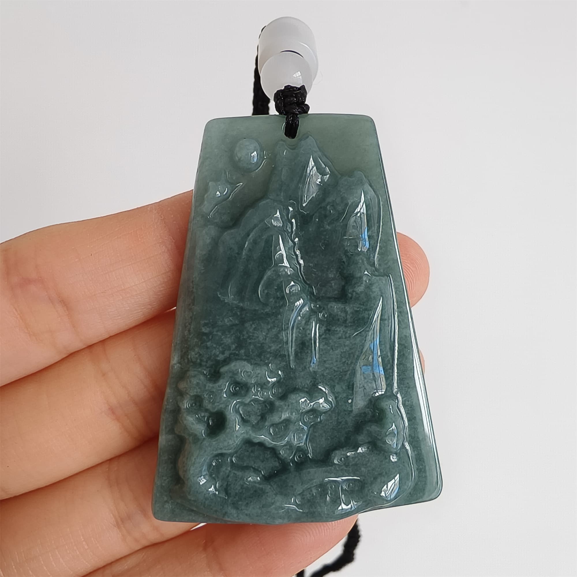DDP 52mm Natural Certificated Type A Blue Guatemalan Jadeite Trapezoid Pendant With Landscape Carved
