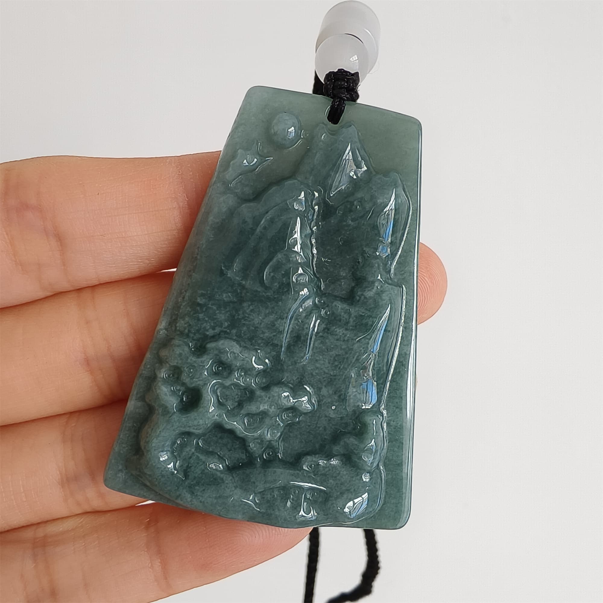 DDP 52mm Natural Certificated Type A Blue Guatemalan Jadeite Trapezoid Pendant With Landscape Carved