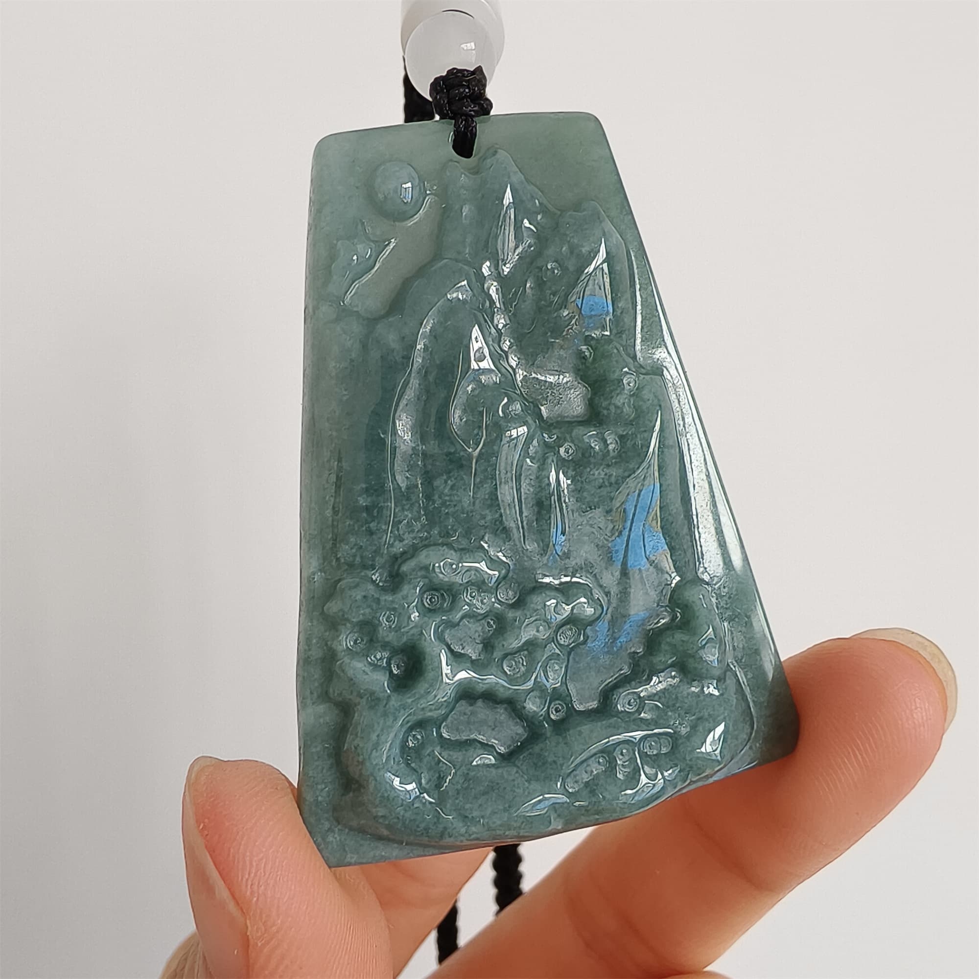 DDP 52mm Natural Certificated Type A Blue Guatemalan Jadeite Trapezoid Pendant With Landscape Carved