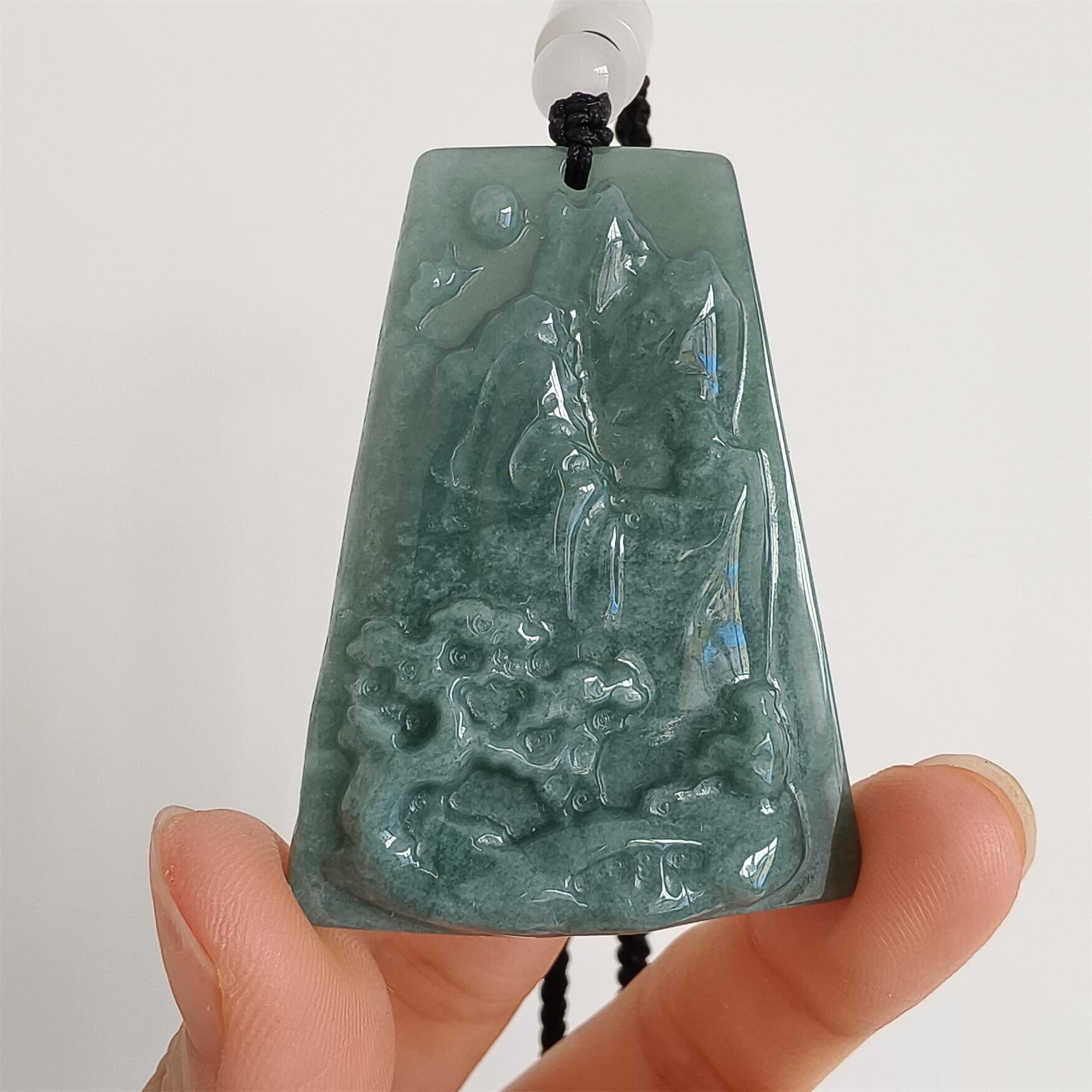 DDP 52mm Natural Certificated Type A Blue Guatemalan Jadeite Trapezoid Pendant With Landscape Carved