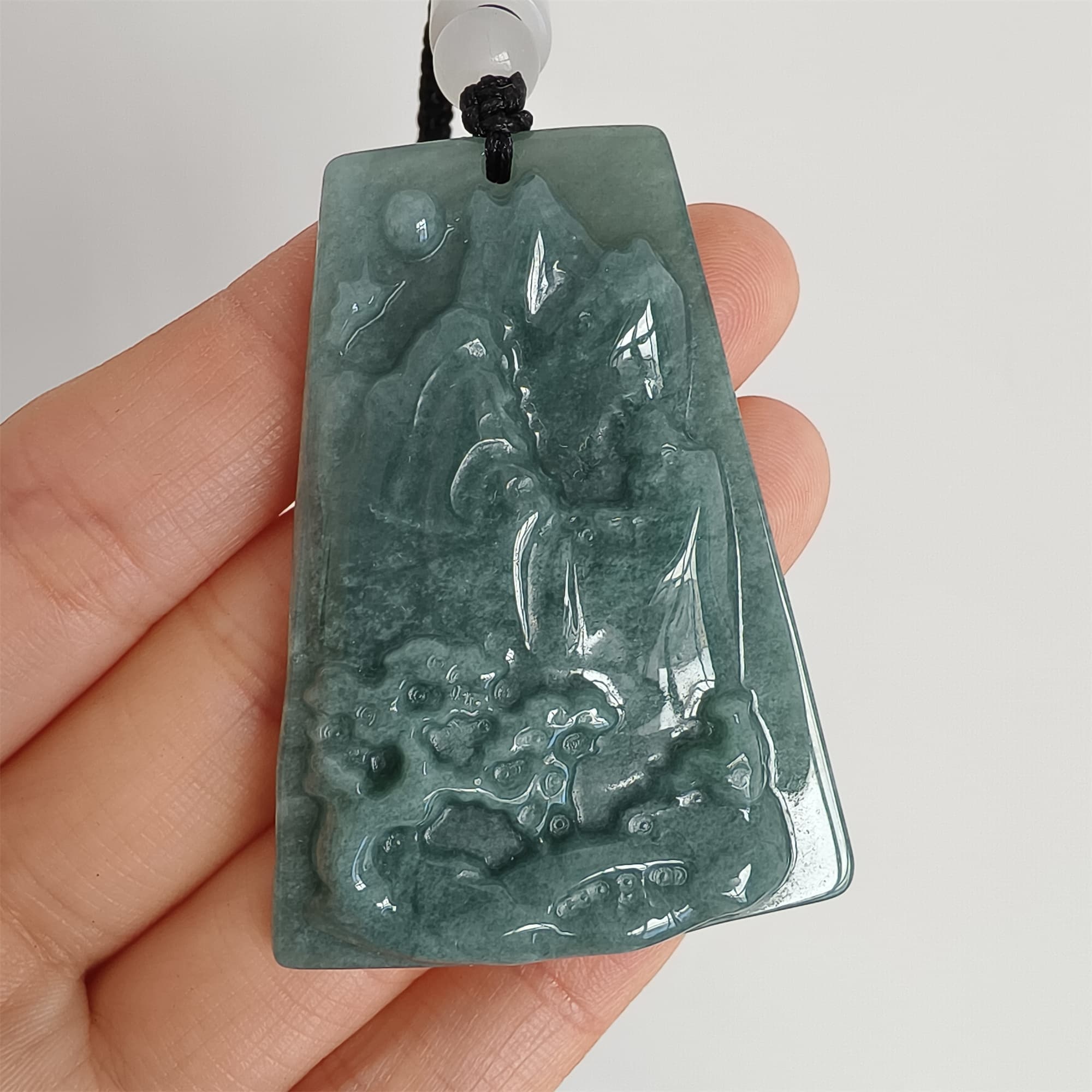 DDP 52mm Natural Certificated Type A Blue Guatemalan Jadeite Trapezoid Pendant With Landscape Carved