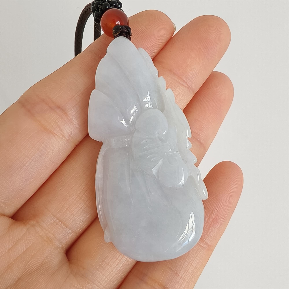 DDP 49mm Natural Certificated Type A Icy Light Lavender Burmese Jadeite Blessing Bag With Blessing Bat Carved