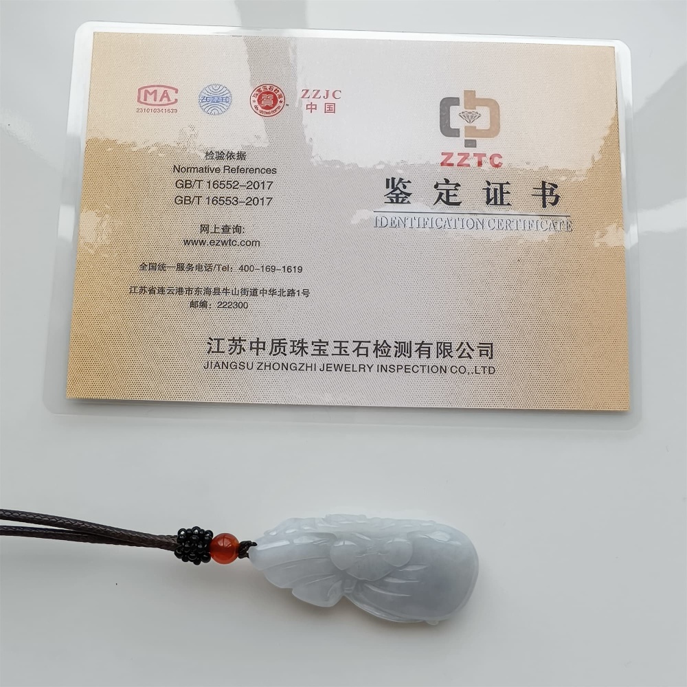 DDP 49mm Natural Certificated Type A Icy Light Lavender Burmese Jadeite Blessing Bag With Blessing Bat Carved