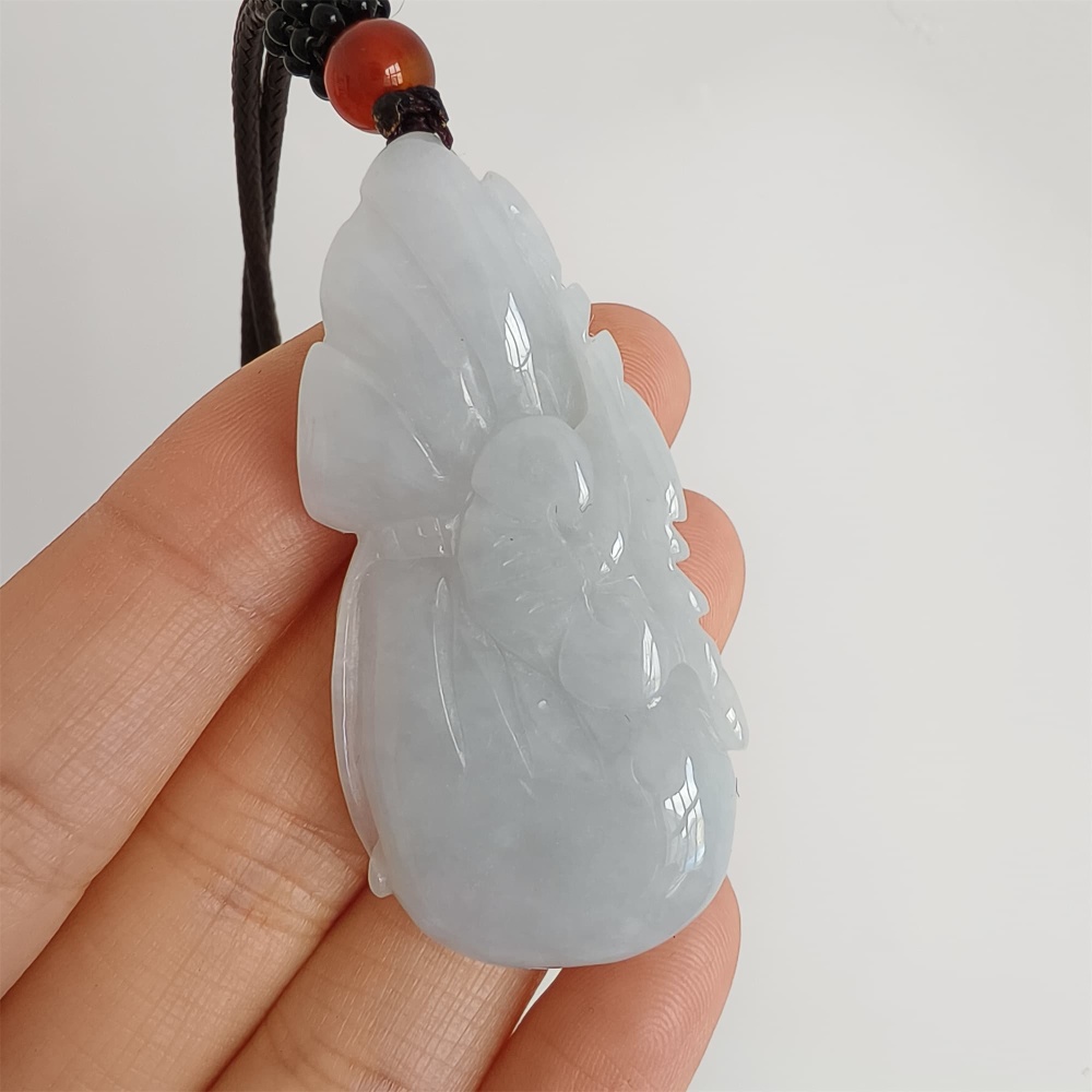 DDP 49mm Natural Certificated Type A Icy Light Lavender Burmese Jadeite Blessing Bag With Blessing Bat Carved