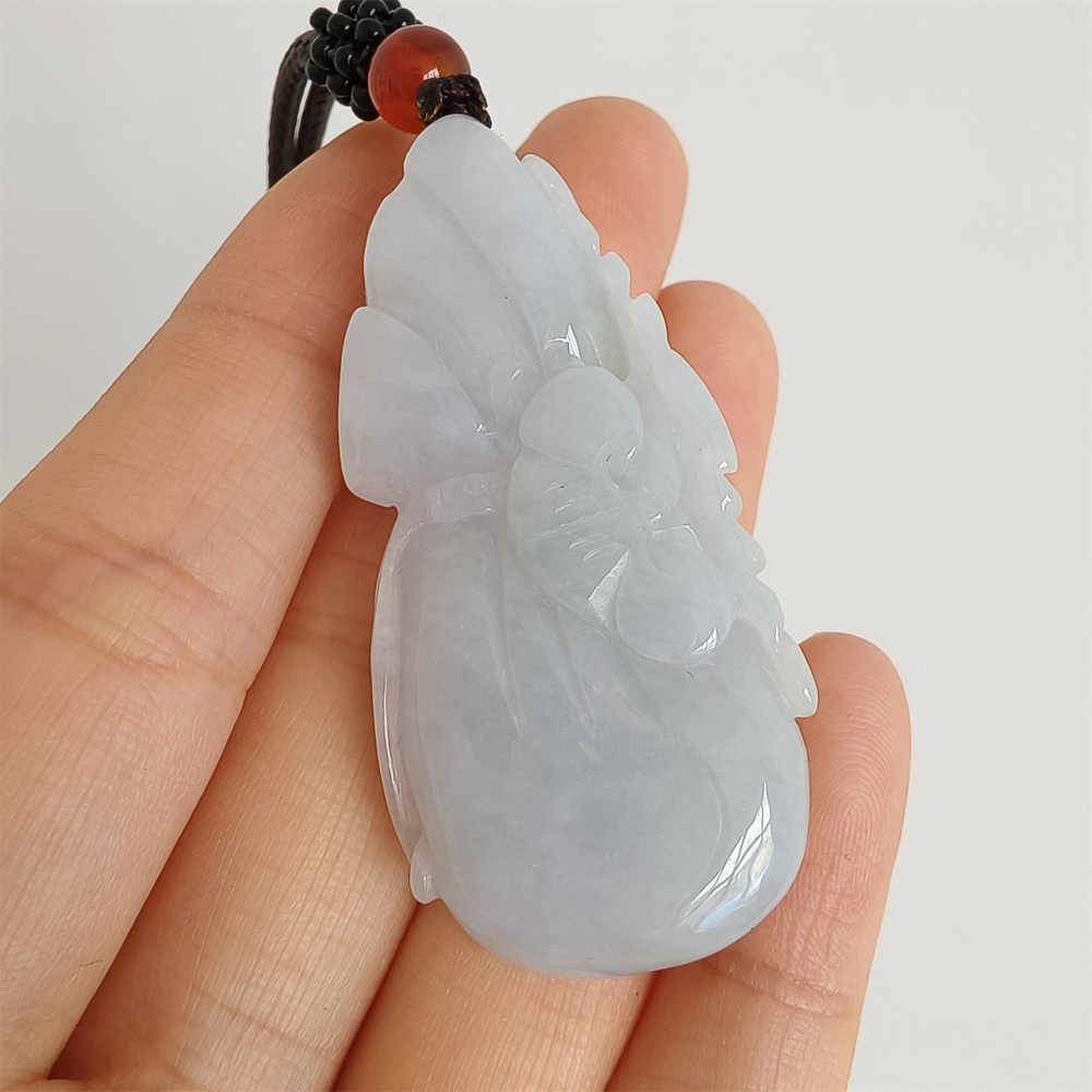 DDP 49mm Natural Certificated Type A Icy Light Lavender Burmese Jadeite Blessing Bag With Blessing Bat Carved