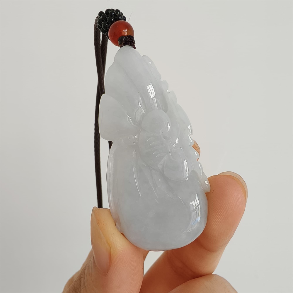 DDP 49mm Natural Certificated Type A Icy Light Lavender Burmese Jadeite Blessing Bag With Blessing Bat Carved