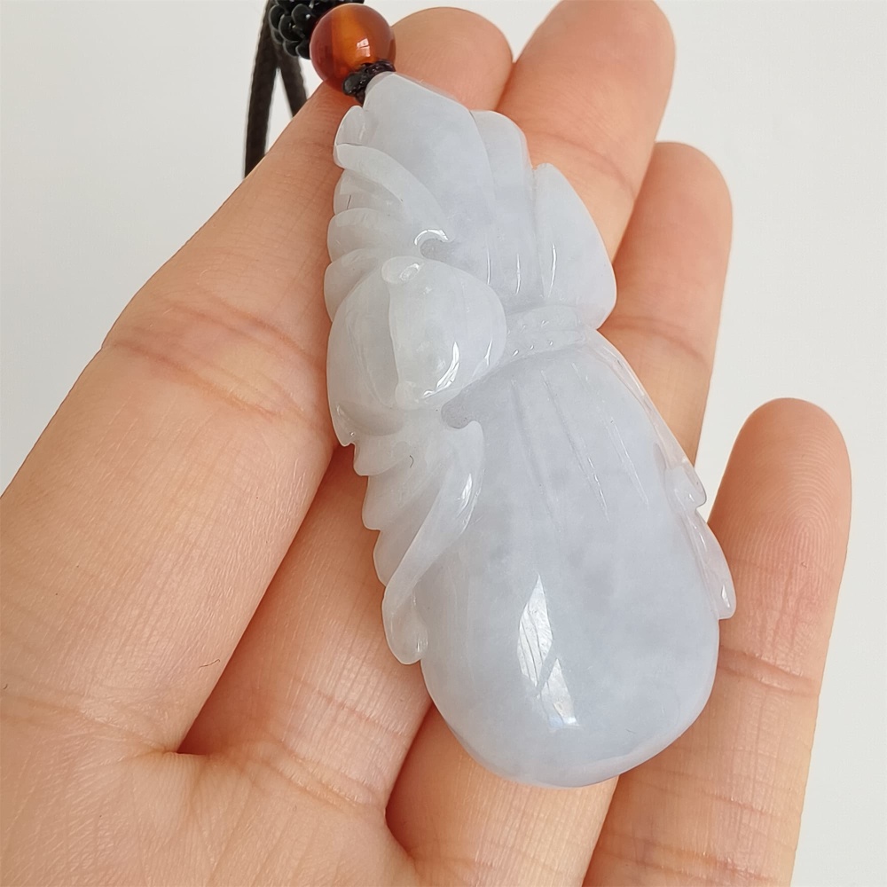 DDP 49mm Natural Certificated Type A Icy Light Lavender Burmese Jadeite Blessing Bag With Blessing Bat Carved