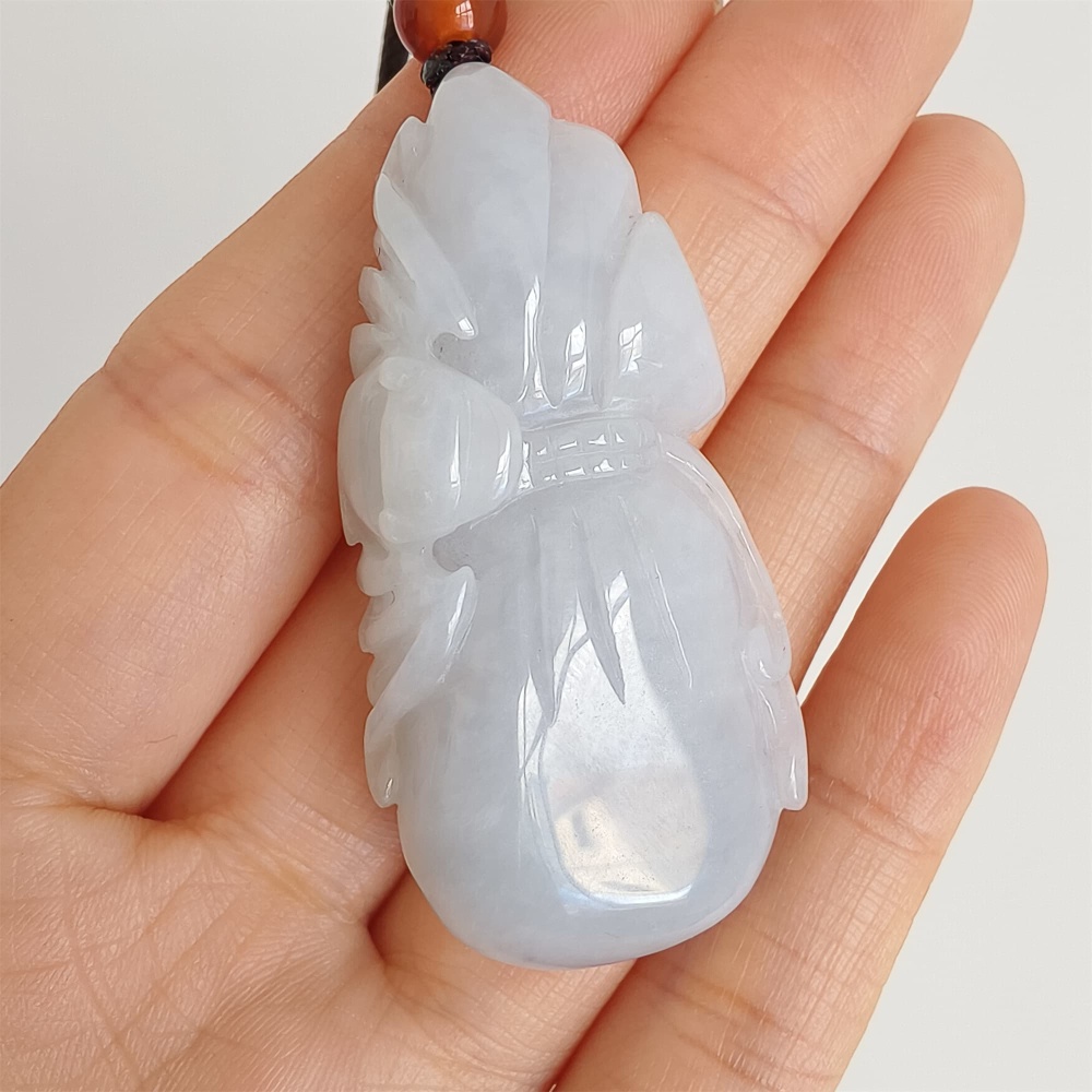 DDP 49mm Natural Certificated Type A Icy Light Lavender Burmese Jadeite Blessing Bag With Blessing Bat Carved