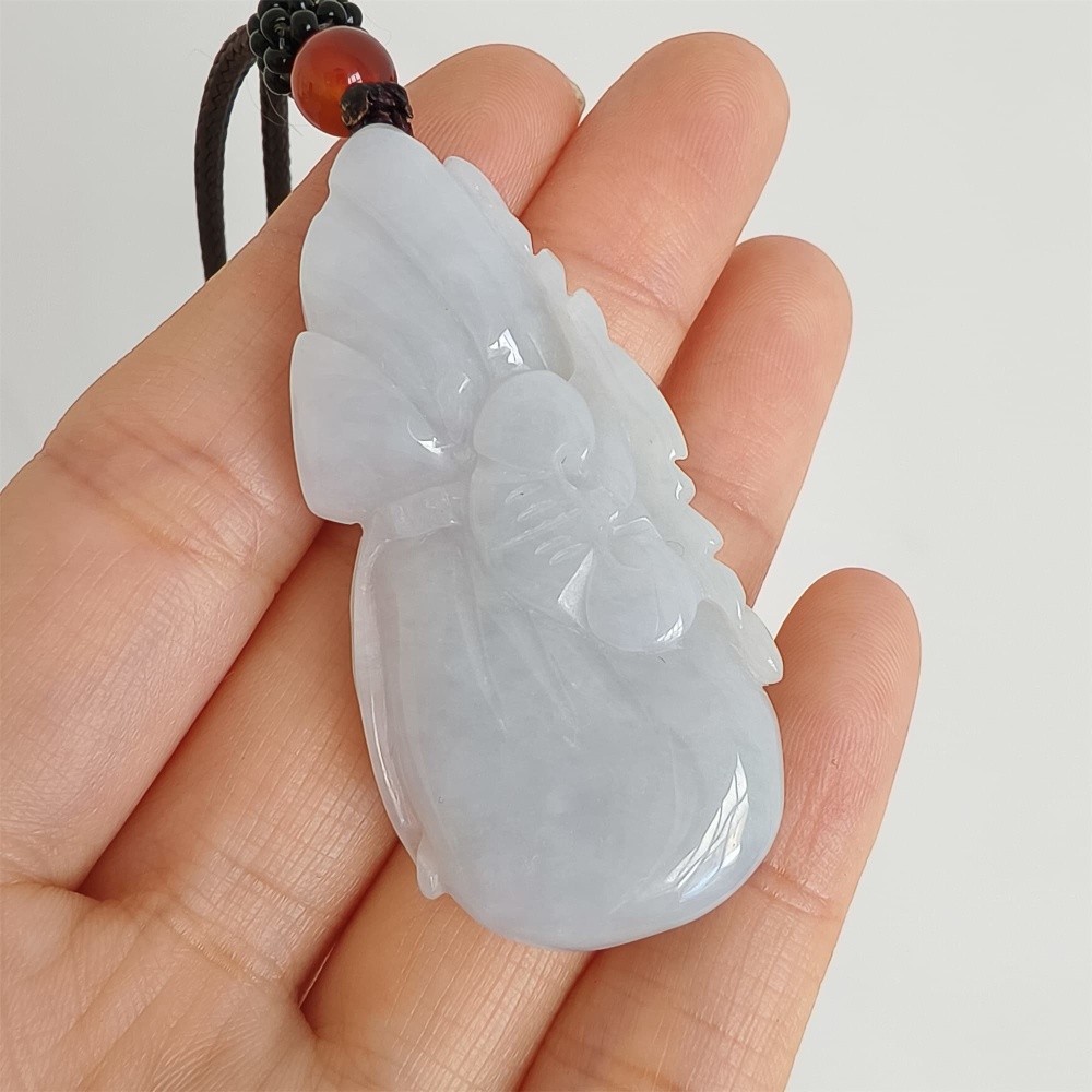 DDP 49mm Natural Certificated Type A Icy Light Lavender Burmese Jadeite Blessing Bag With Blessing Bat Carved