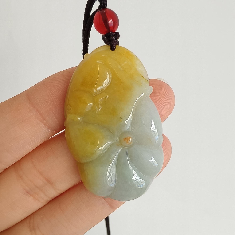 DDP 39mm Natural Yellow Green Burmese Jadeite Lotus Leaf Pendant With Fish Carved