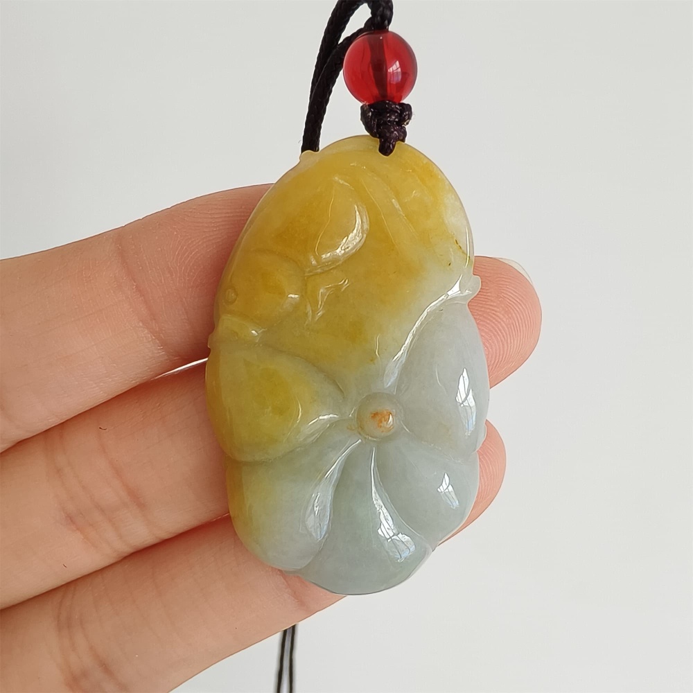 DDP 39mm Natural Yellow Green Burmese Jadeite Lotus Leaf Pendant With Fish Carved