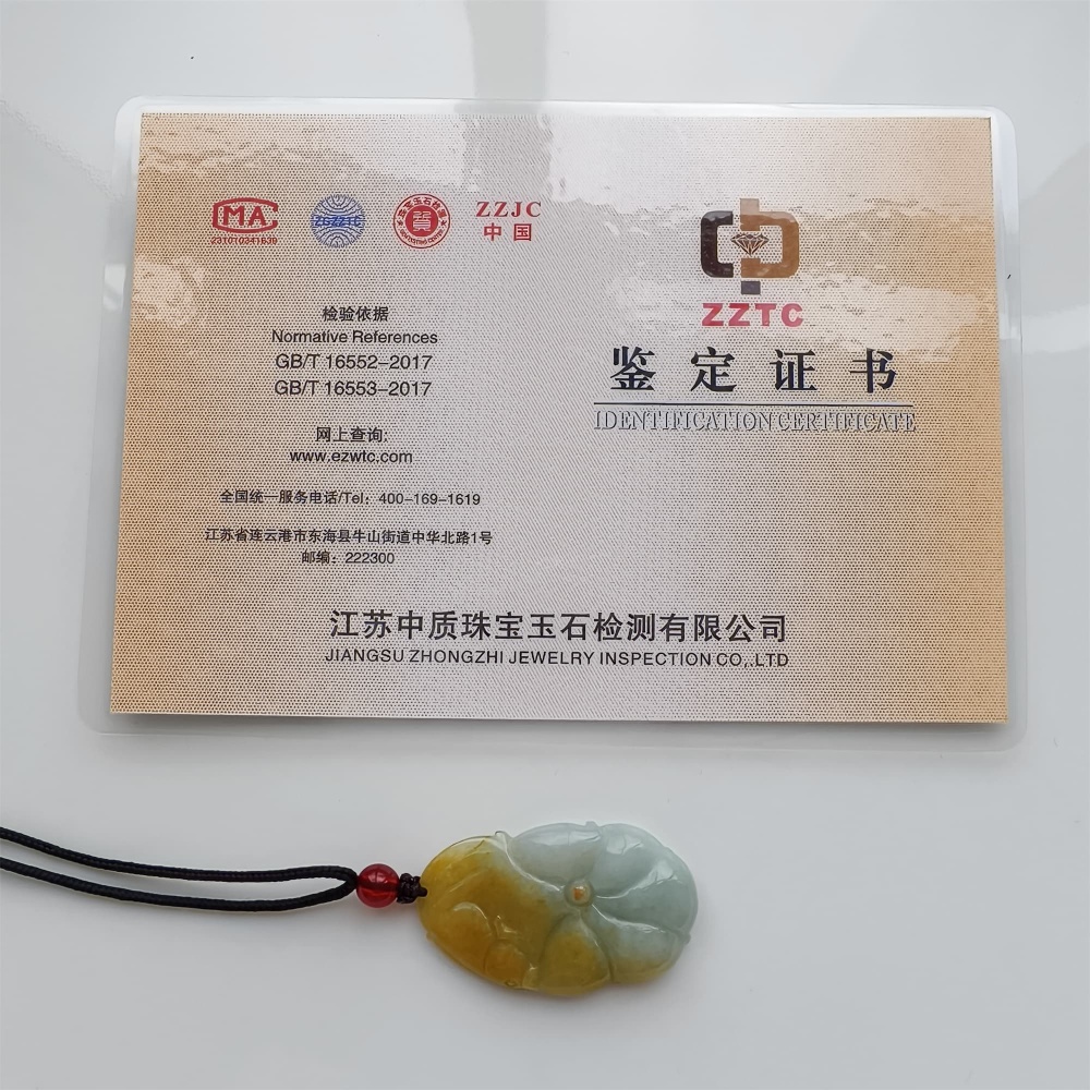 DDP 39mm Natural Yellow Green Burmese Jadeite Lotus Leaf Pendant With Fish Carved