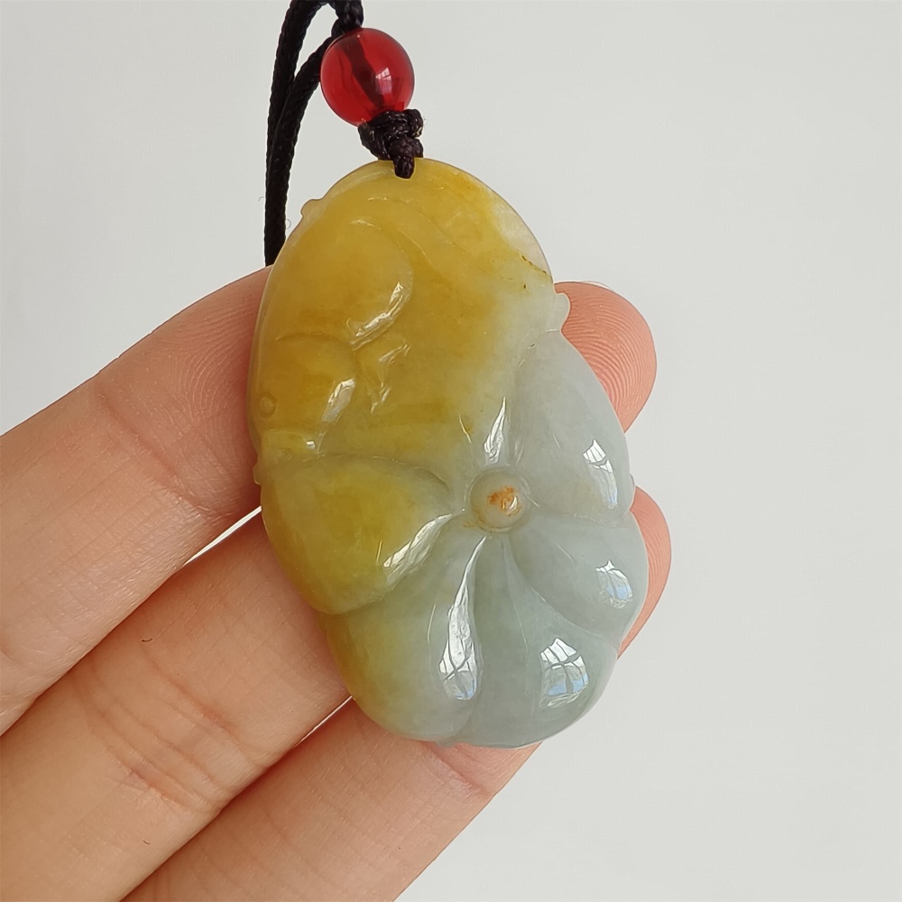 DDP 39mm Natural Yellow Green Burmese Jadeite Lotus Leaf Pendant With Fish Carved