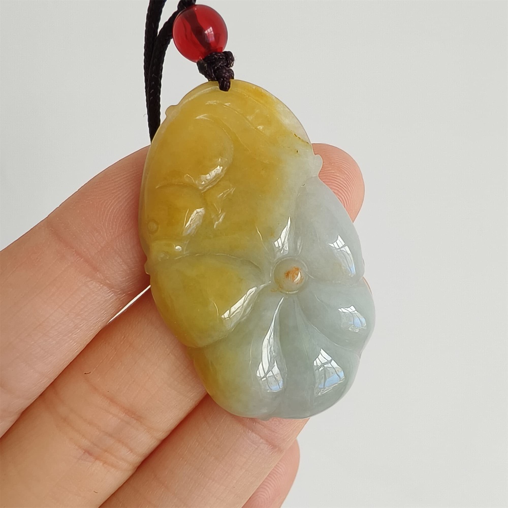DDP 39mm Natural Yellow Green Burmese Jadeite Lotus Leaf Pendant With Fish Carved