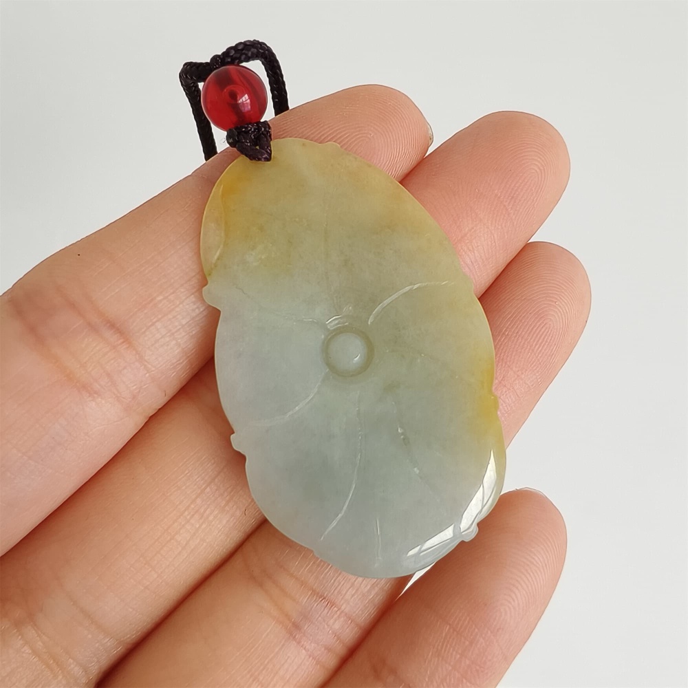 DDP 39mm Natural Yellow Green Burmese Jadeite Lotus Leaf Pendant With Fish Carved