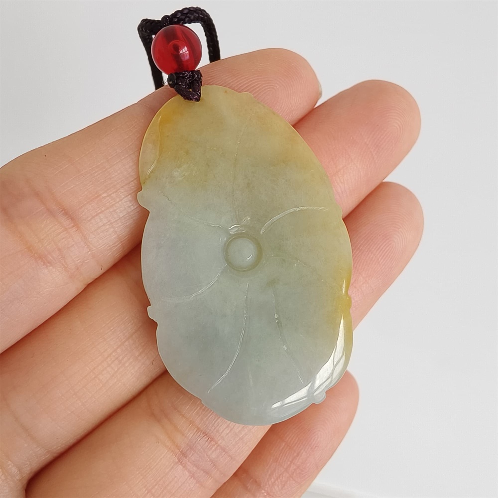 DDP 39mm Natural Yellow Green Burmese Jadeite Lotus Leaf Pendant With Fish Carved